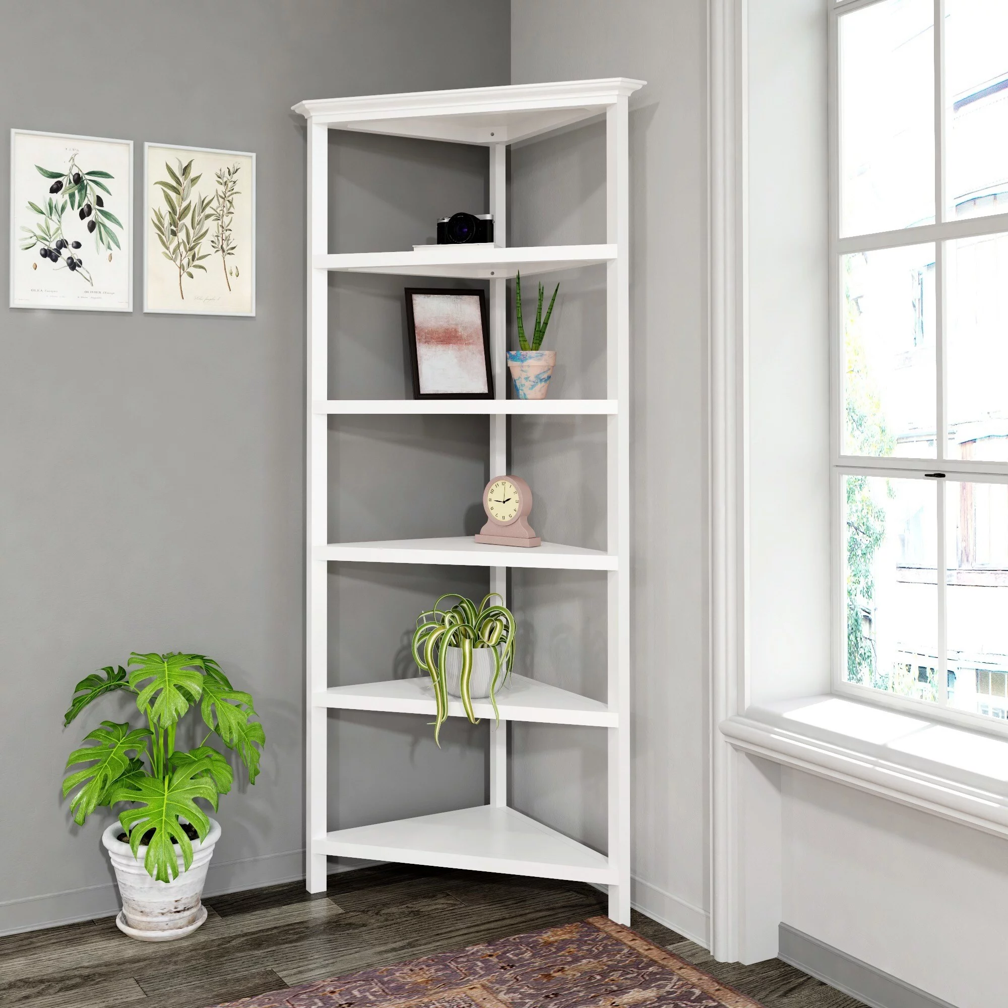 HomeRoots Five Tier Solid Wood Corner Bookcase - 30.5