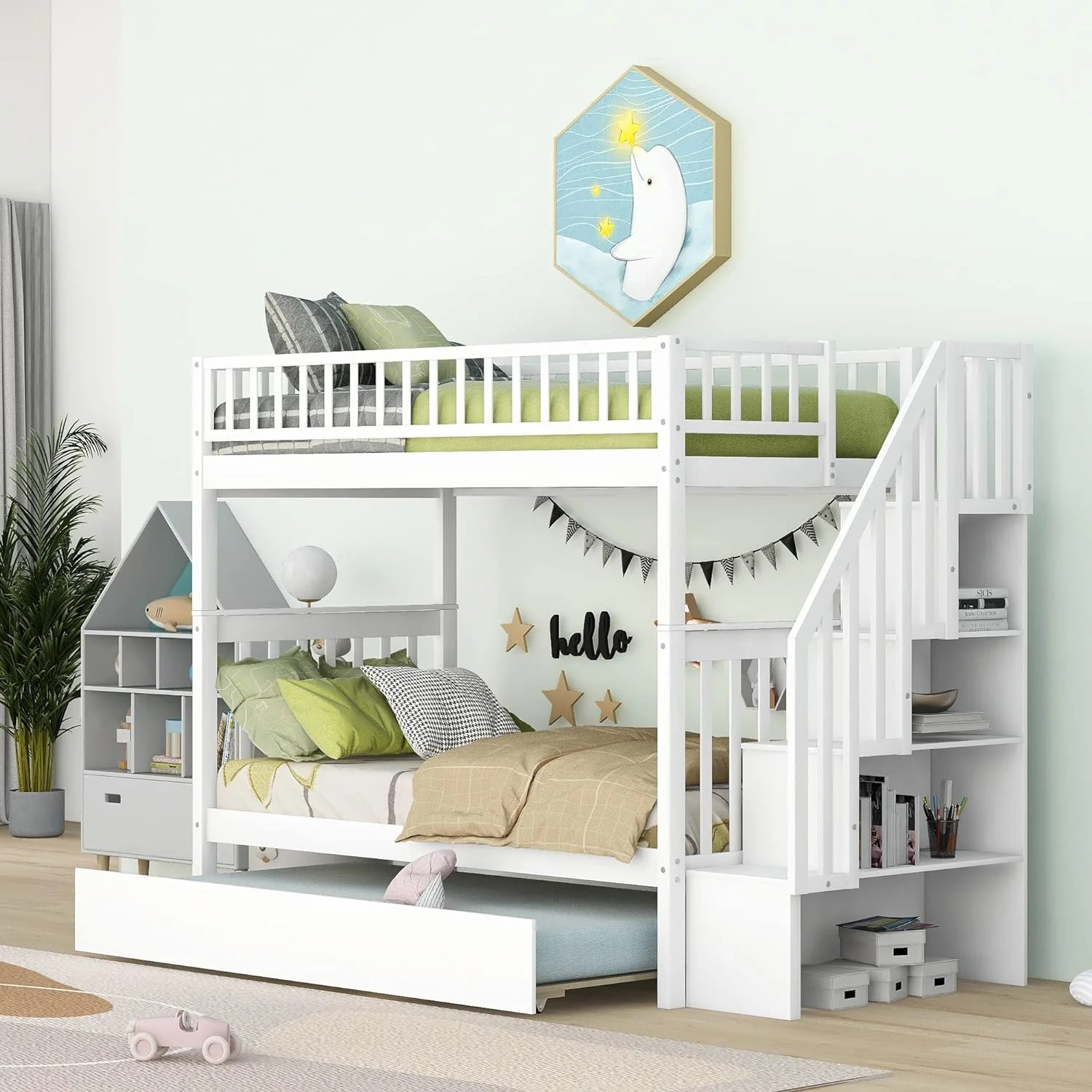 Bunk Beds Over Size, Solid Wood Bunk Beds With Trundle And Stairs For Kids,Toddler,Teens,Adults (White, Bunk Bed With Trundle)