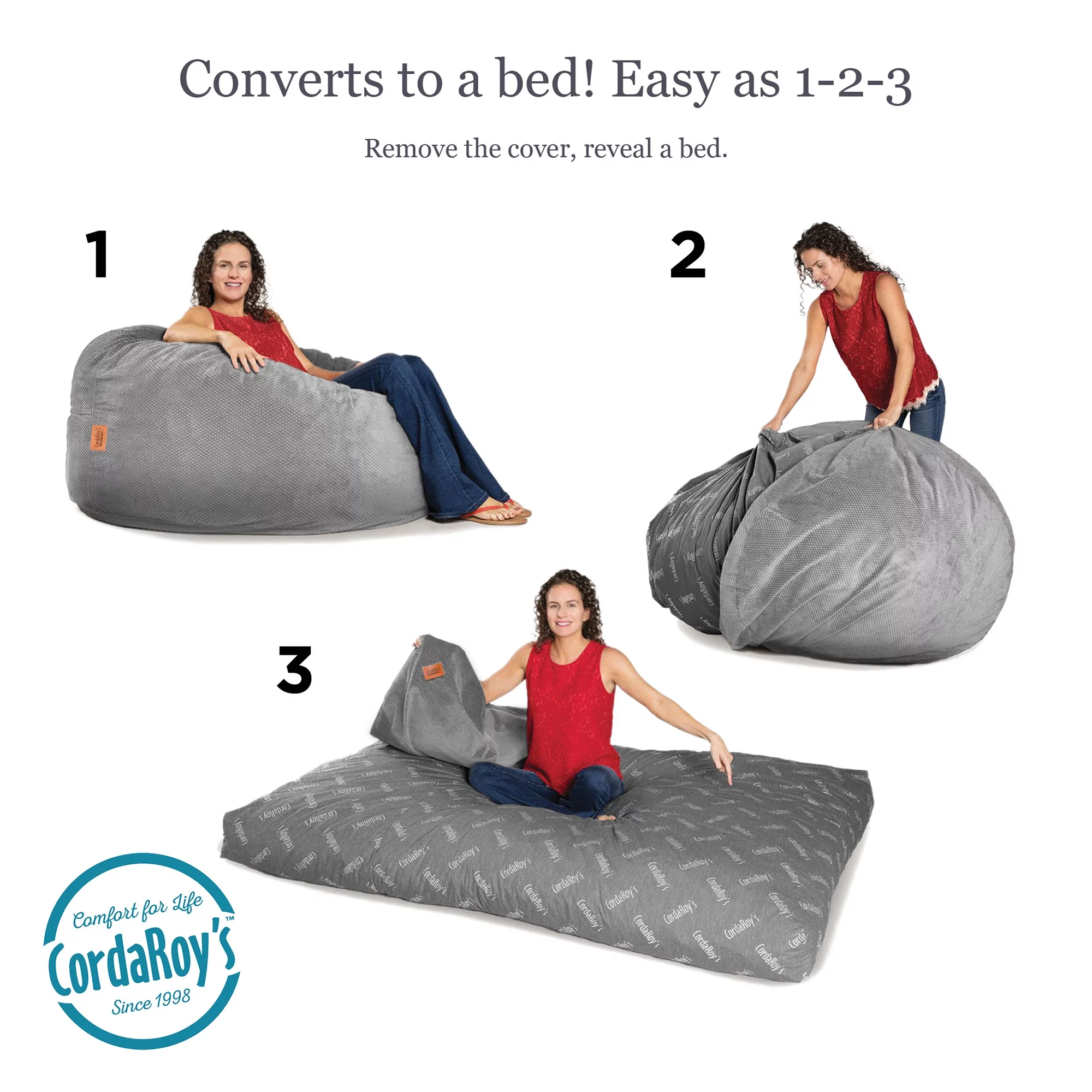 CordaRoy's Chenille Convertible Bean Bag Chair, Queen Classic, Charcoal