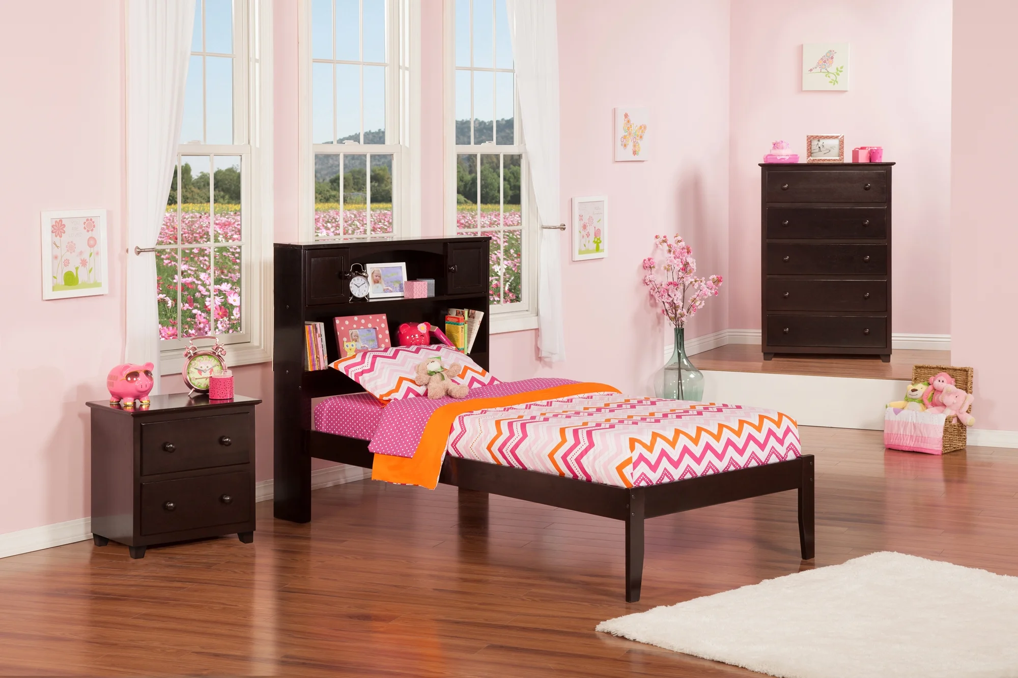 AFI Newport Twin Solid Wood Platform Bed with Storage Headboard in Espresso