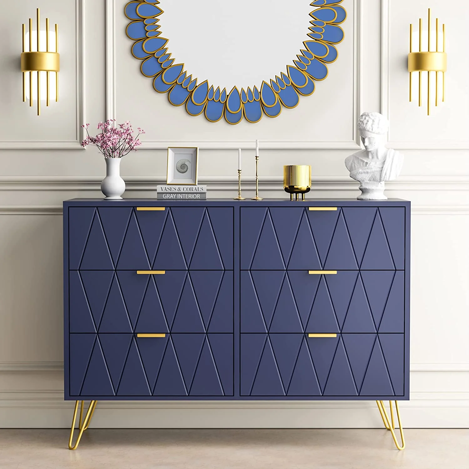 Navy Blue 6 Drawer Dresser for Bedroom Large Double Dresser with Wide Drawers and Gold Handles Chest of Drawers