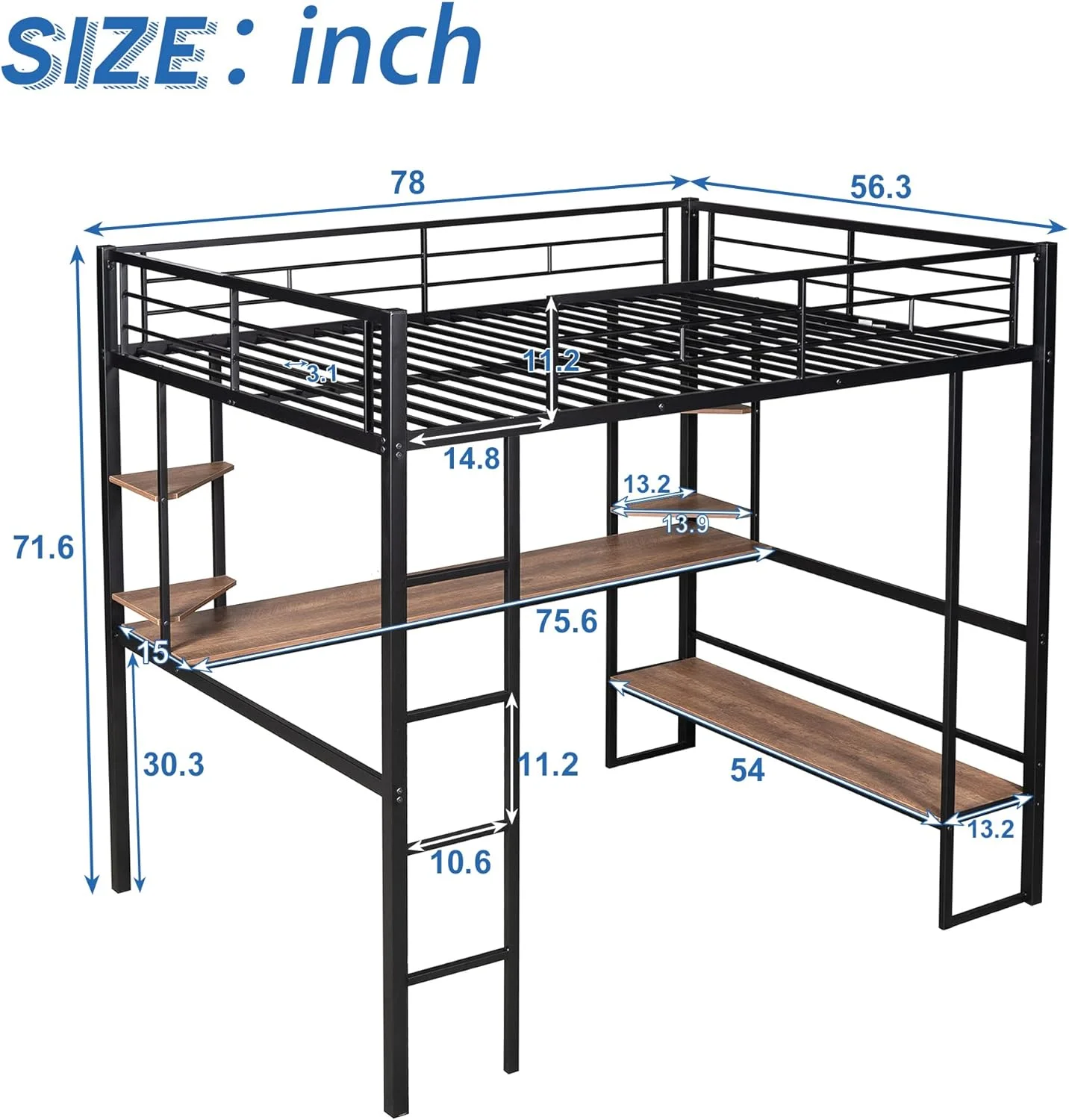 Full Size Meal Lof Bed Wih Log Desk, Heavy Duy Lof Bed Frame Wih 4 Sorage Shelves, Safey Rails For Kids ees Aduls, o Box Sprig eeded (Full, Black)
