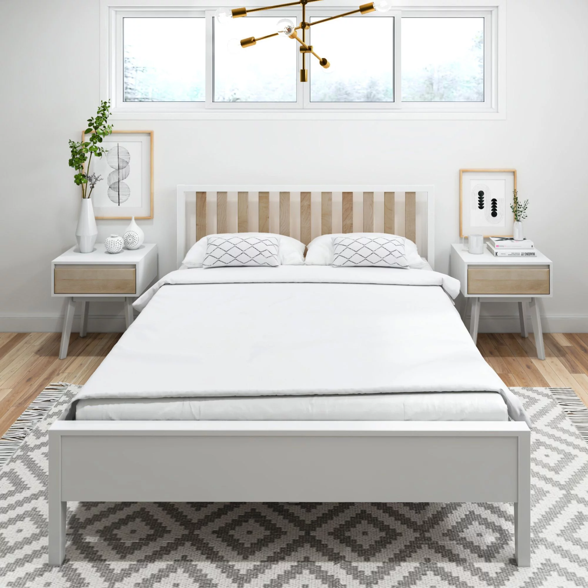 Plank+Beam Scandinavian Queen Bed Frame with Headboard, Solid Wood Adults Platform Bed, White/Blonde