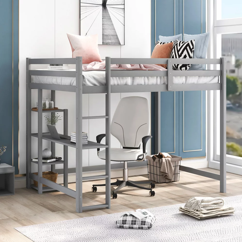 Cosymart Full Size Loft Bed with Built-in Desk and Shelves,Gray