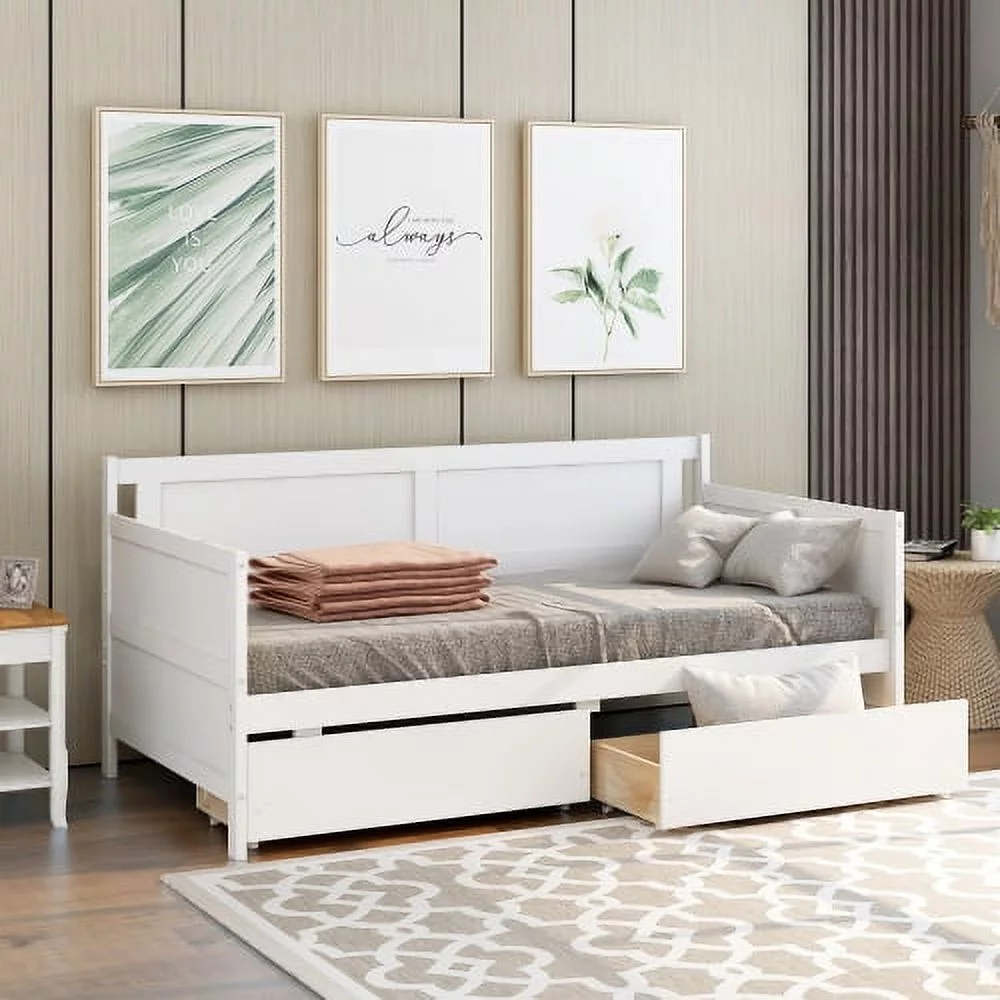 Hcore Daybed with Two Drawers, Twin Size Sofa Bed, Two Storage Drawers for Bedroom,Living Room,White