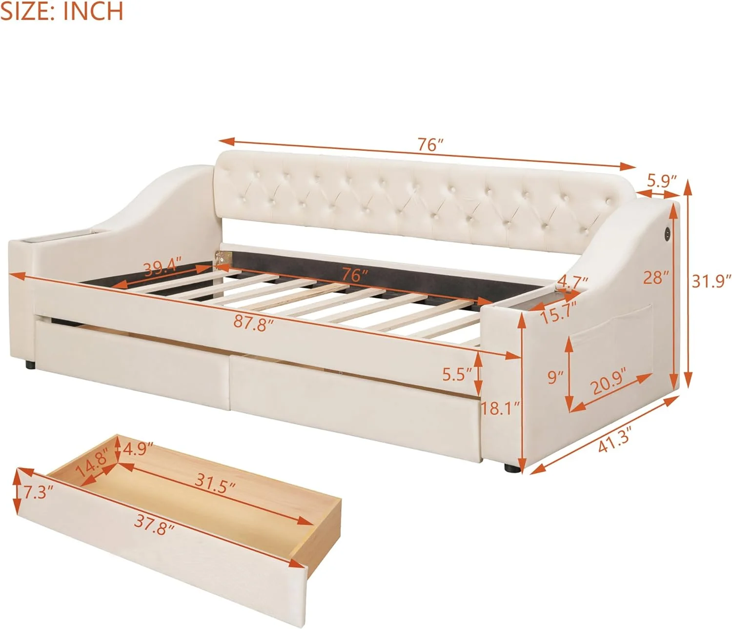 Upholstered Size Daybed With Storage Drawers,Wooden Daybed With Storage Armrests And USB Port, Velvet Tufted Sofa Bed Daybed With Slat Support For Bedroom ,Living Room, Beige