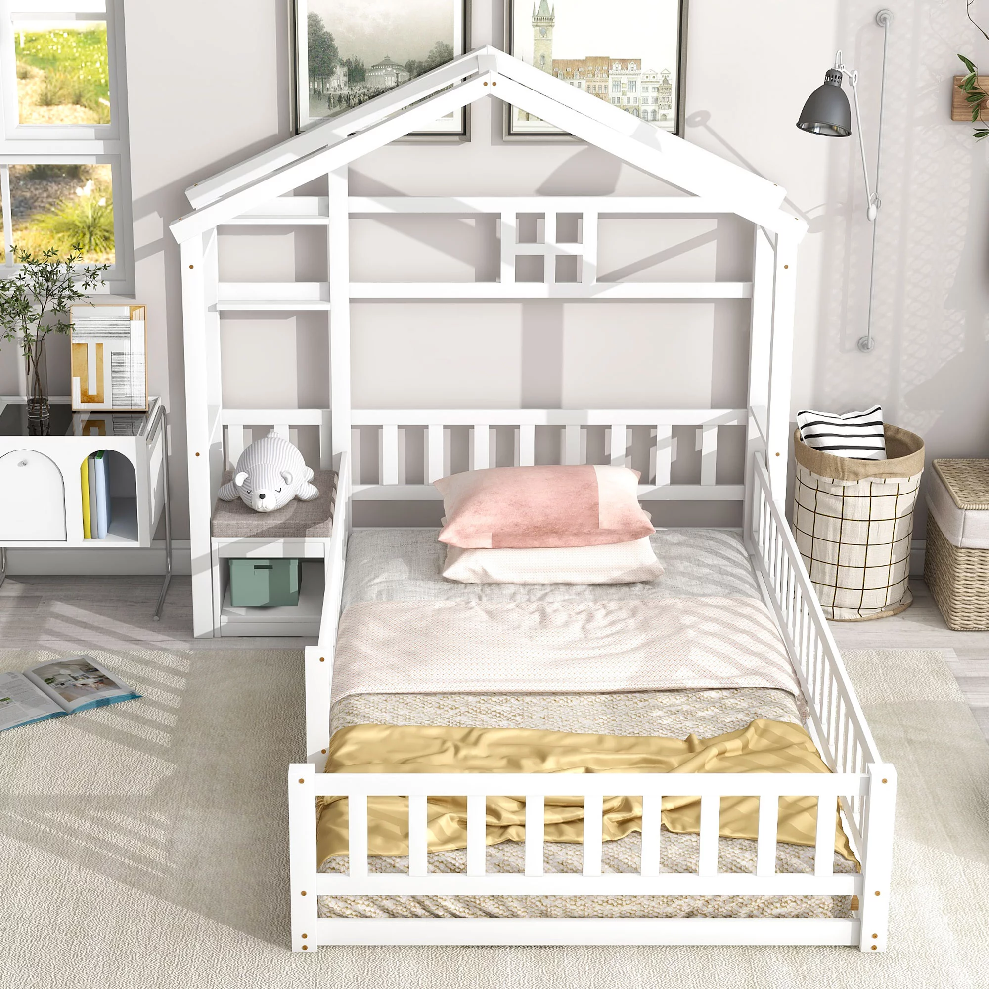 Euroco Wood Twin Size Platform Bed with House Shelf and Cushion Chair, White