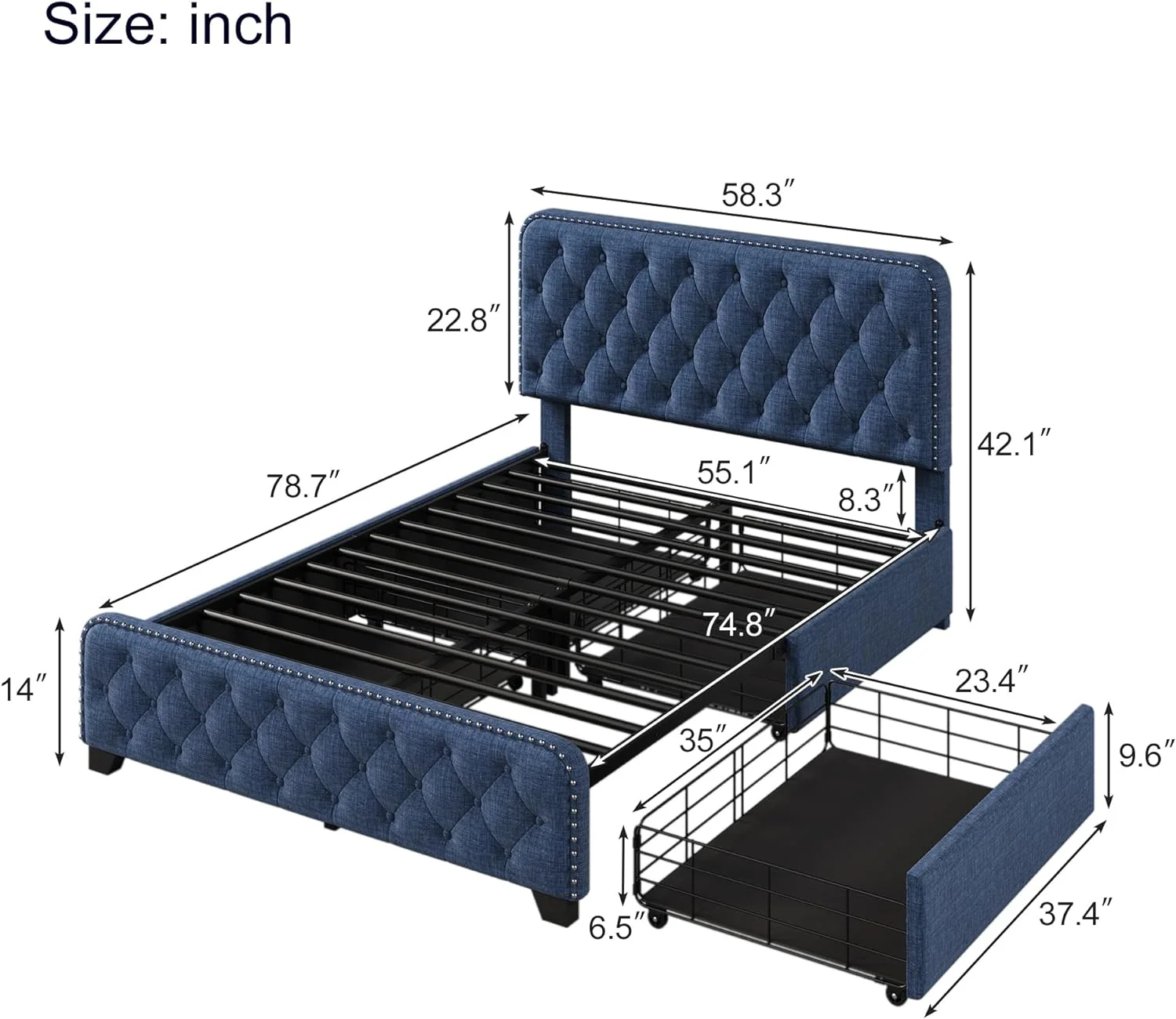 Full Bed With 4 Drawers, Lie Upholstered Platform Beds With Butto Tufted Headboard, Full Size Bed Frame With Storage Ad Metal Slats Support For Adults Tees Kids, oise , Blue