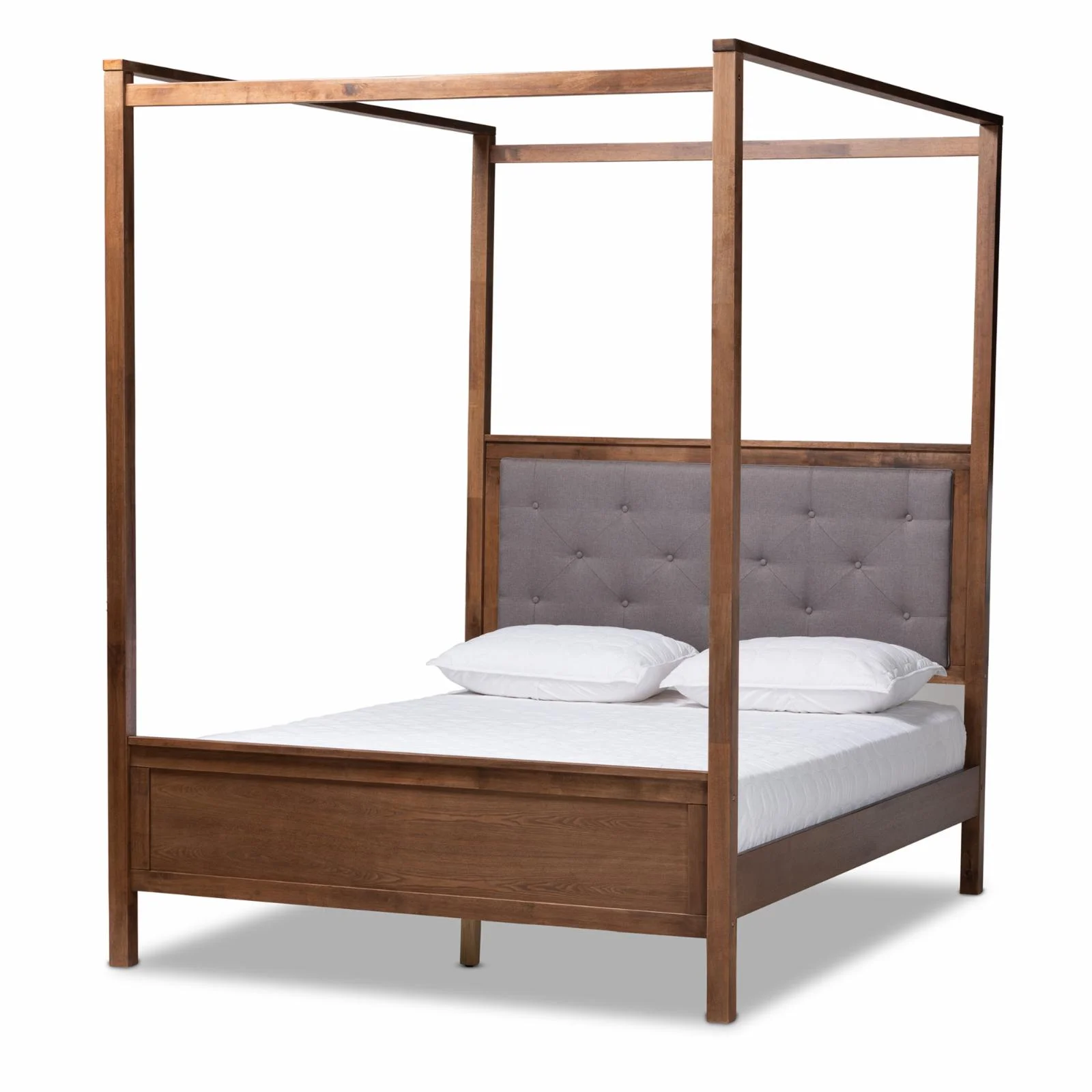 Baxton Studio Natasha King Size Grey Upholstered Walnut Finished Canopy Bed