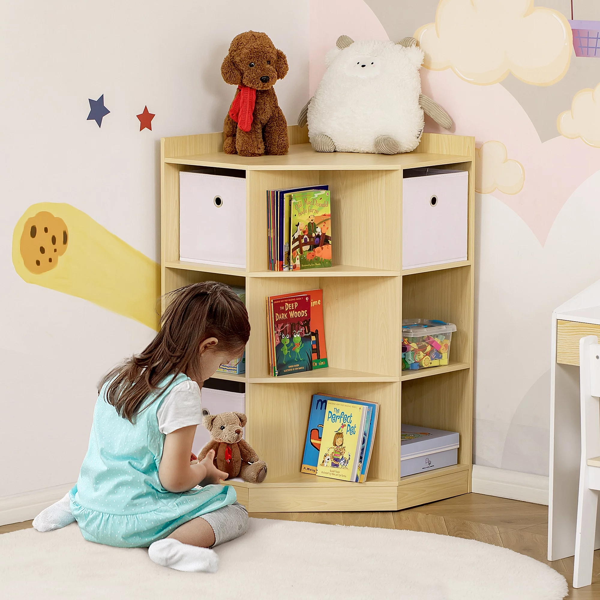 HOMCOM Kids Corner Cabinet, Cubby Toy Storage Organizer, Bookshelf Unit with Three Baskets for Playroom, Bedroom, Living Room, Natural