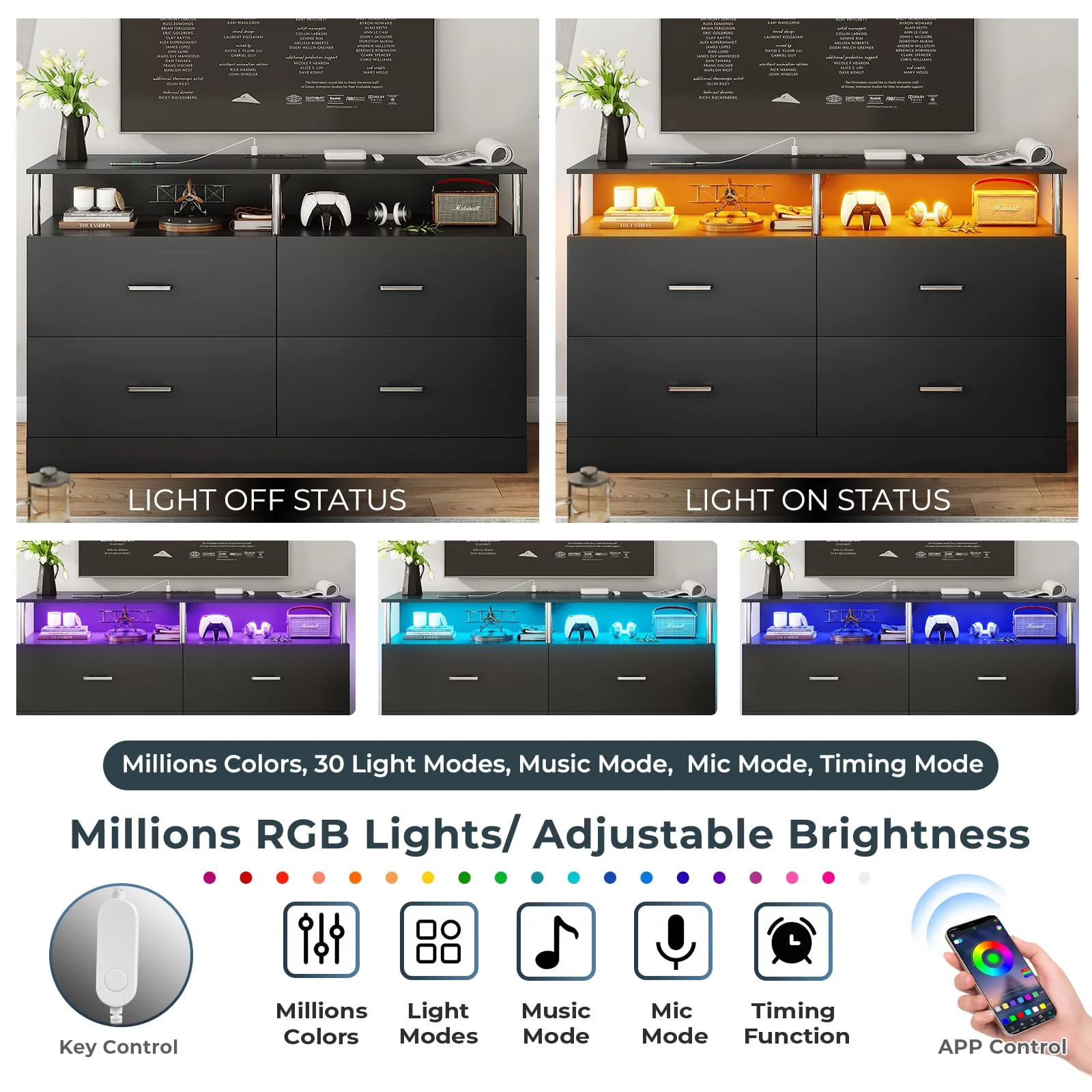 Mabor 4 Drawer Dresser for Bedroom with LED Lights&Charging Station, Modern Black Dresser Chest of Drawers for Living Room Closet
