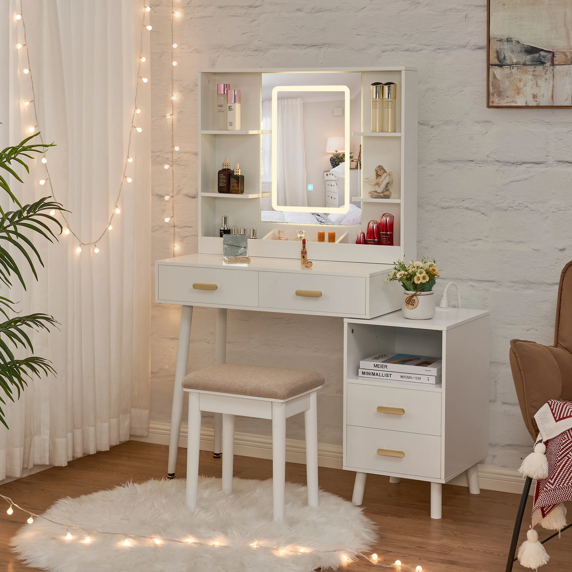 BEWISHOME Vanity Desk with Mirror and Lights, Makeup Vanity with Lights, White Vanity with Charging Station & Cabinets, Makeup Desk Vanity Table with 3 Colors Modes, Dressing Table Vanity Set FST18W