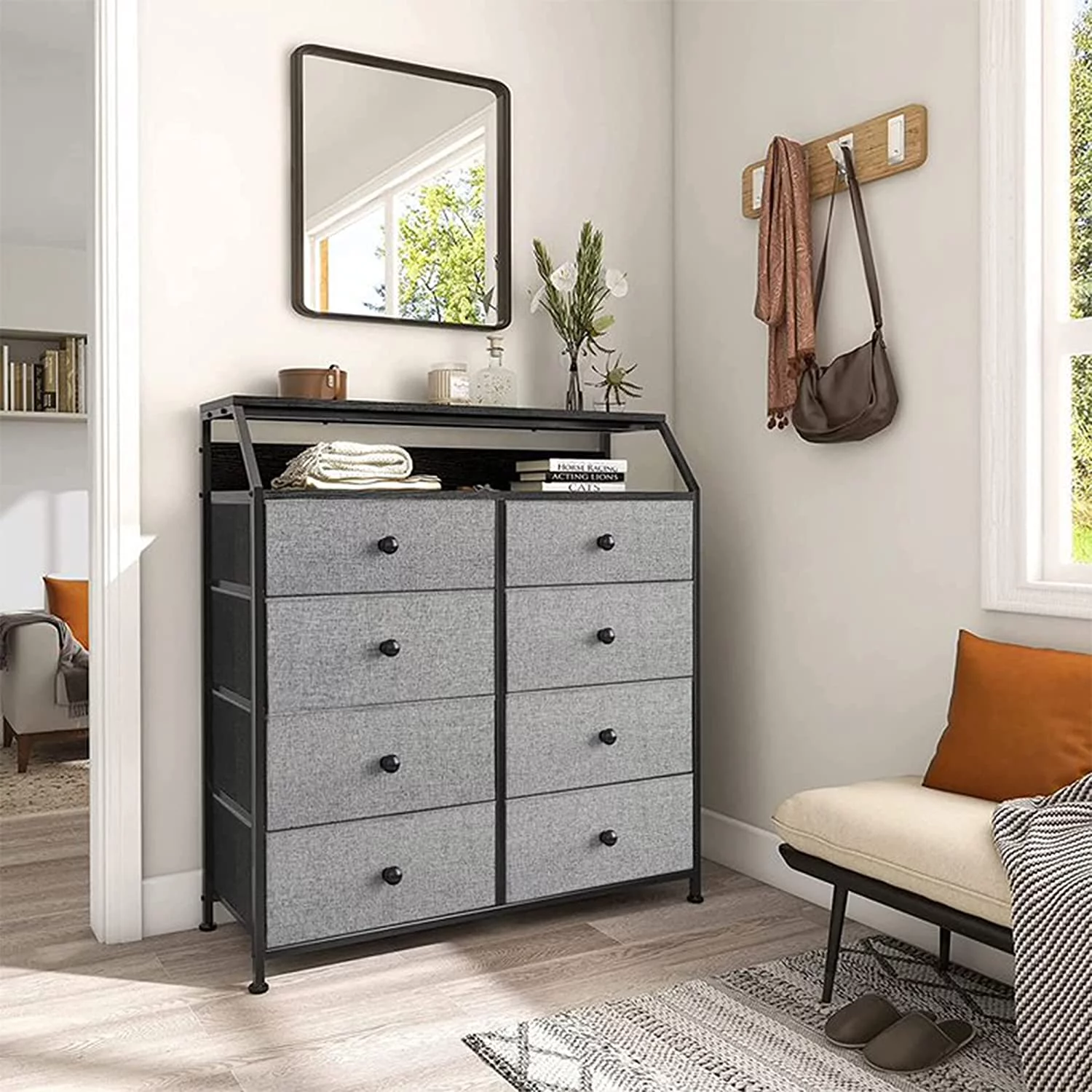 RUNFAYBIU 8 Drawer Steel Frame Wood Top Organizer Dresser for Closet Living Room and Entryway with 2 Additional Drawer Organizers Light Grey