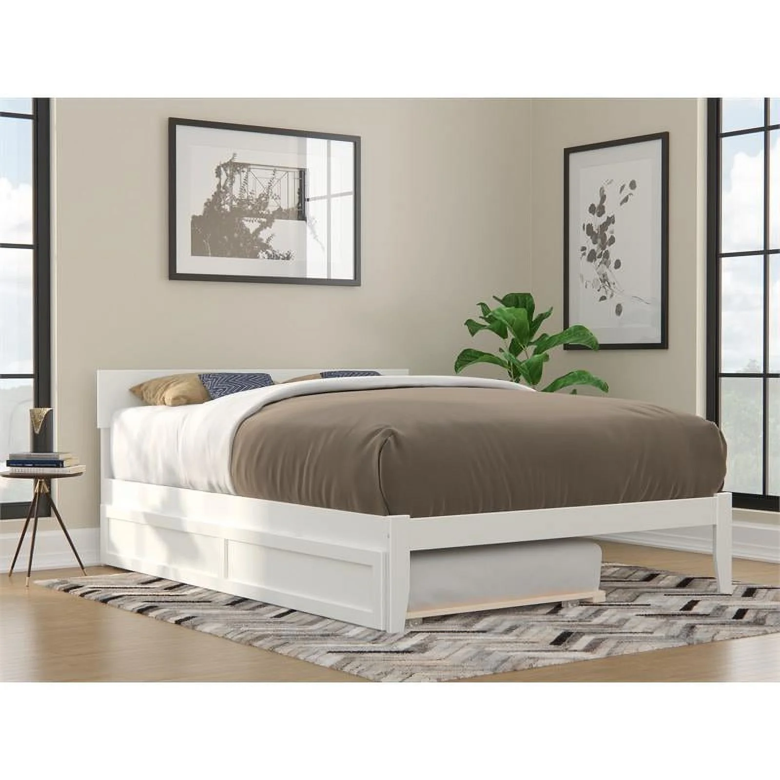 Pemberly Row Wood Queen Bed with Twin Extra Long Trundle in White