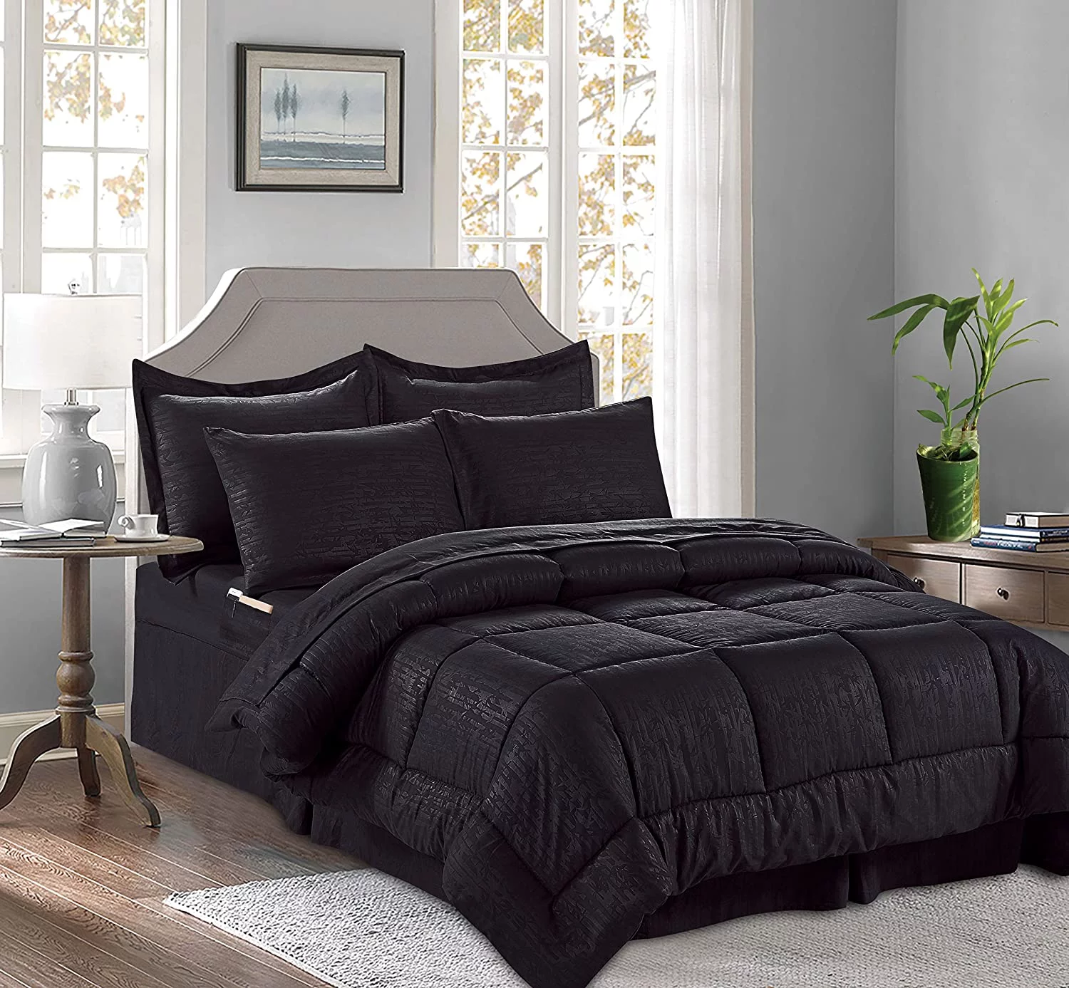 8 Pieces Bamboo Comforter set Includes Bed Sheet Set with Double Sided Storage Pockets, King Cal King, Black
