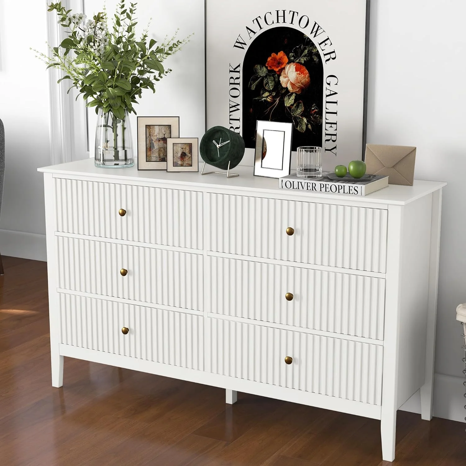 CozyHom 6 Drawers White Dresser Cabinet with Silent Slide Drawers, 47