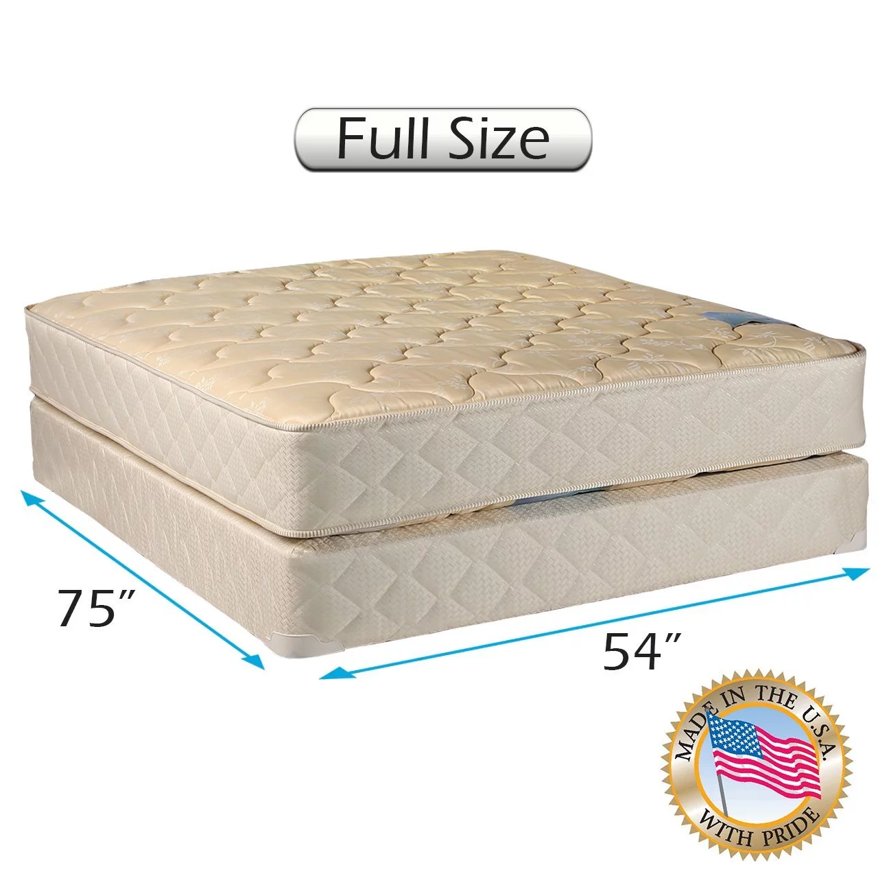 DS USA Chiro Premier 2-Sided Gentle Firm (Beige) Full Mattress Set with Metal Bed Frame - High Quality Foam, Orthopedic, Long Lasting Comfort