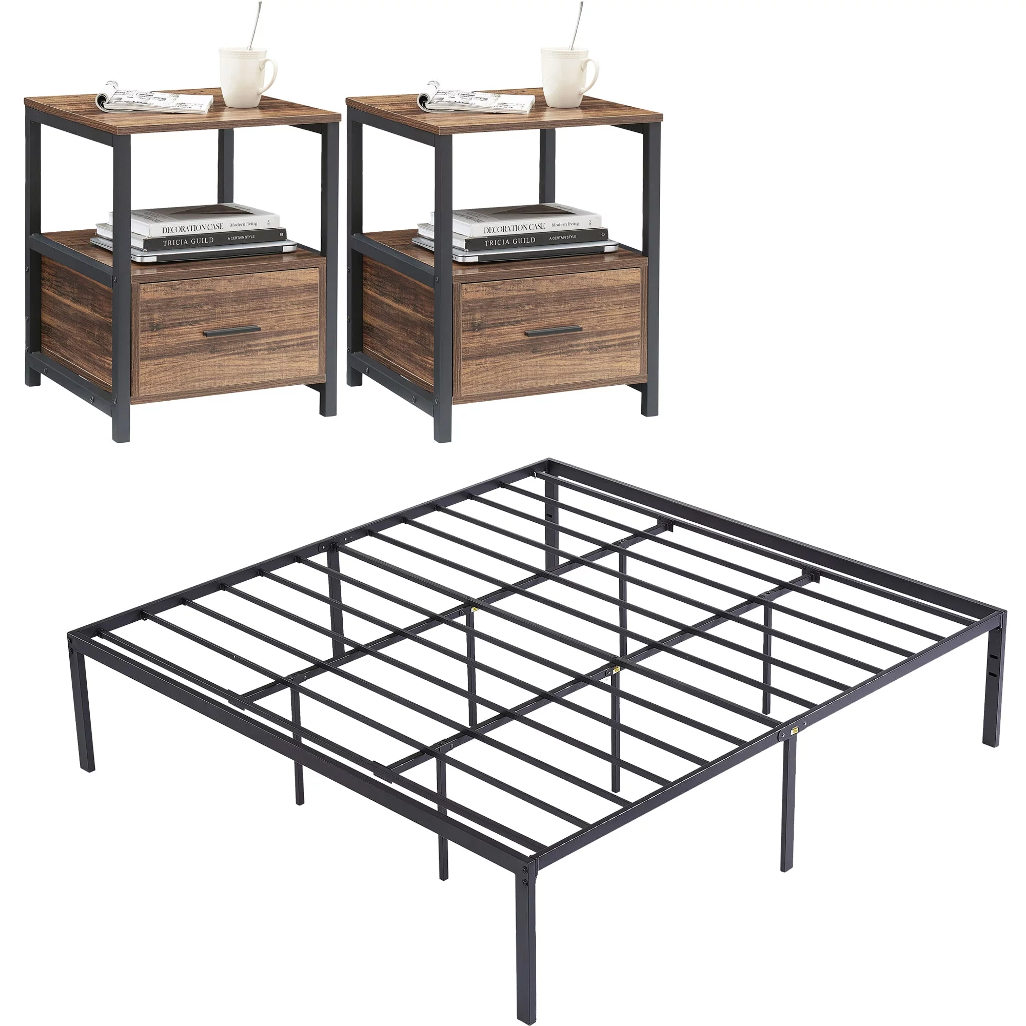 VECELO 3-Piece Bedroom Sets Include Metal Platform Bed Frame and 2 Brown Nightstands, King Size