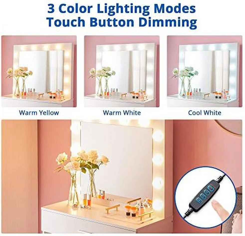Vanity Set with Lighted Mirror  Makeup Vanity Dressing Table with Large Drawer for Bedroom  Vanity Desk with 3 Color Lighting Modes  Vanity Table with Cushioned Stool Set