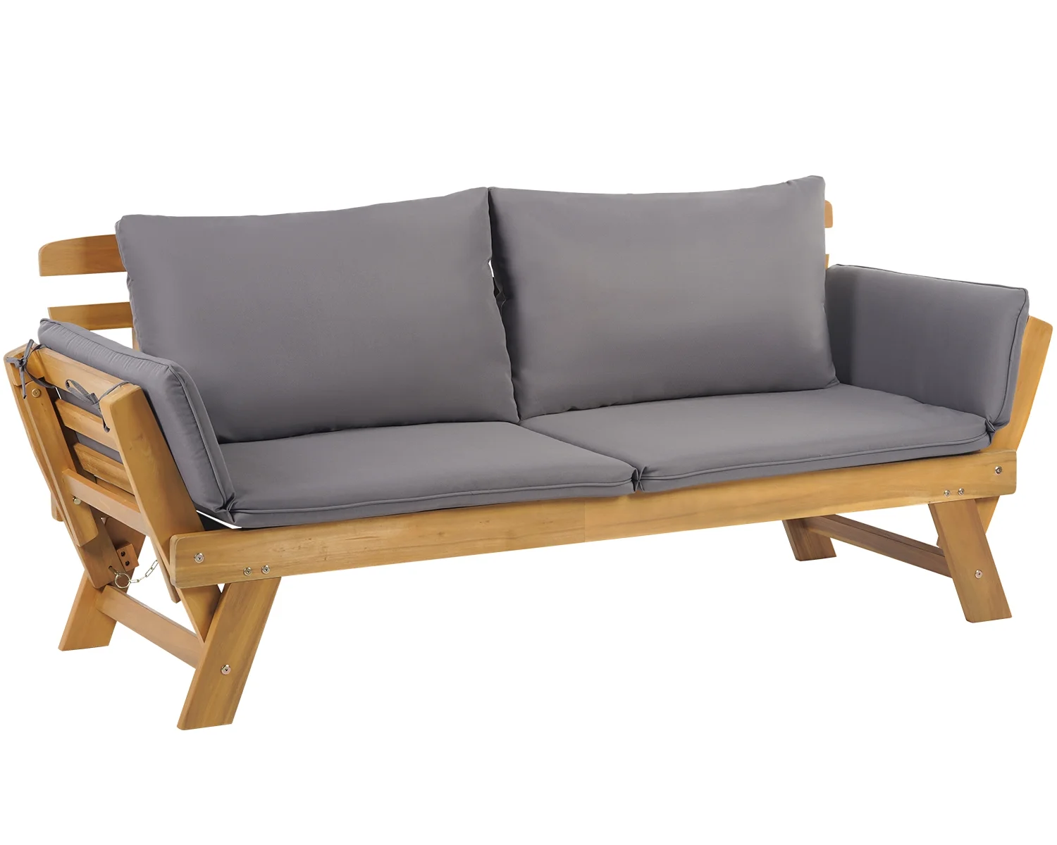 FDW Outdoor Couch Patio Couch Daybed with Adjustable Armrest, Wooden Loveseat with Cushion and Pillow, and Expandable Plate (Gray)