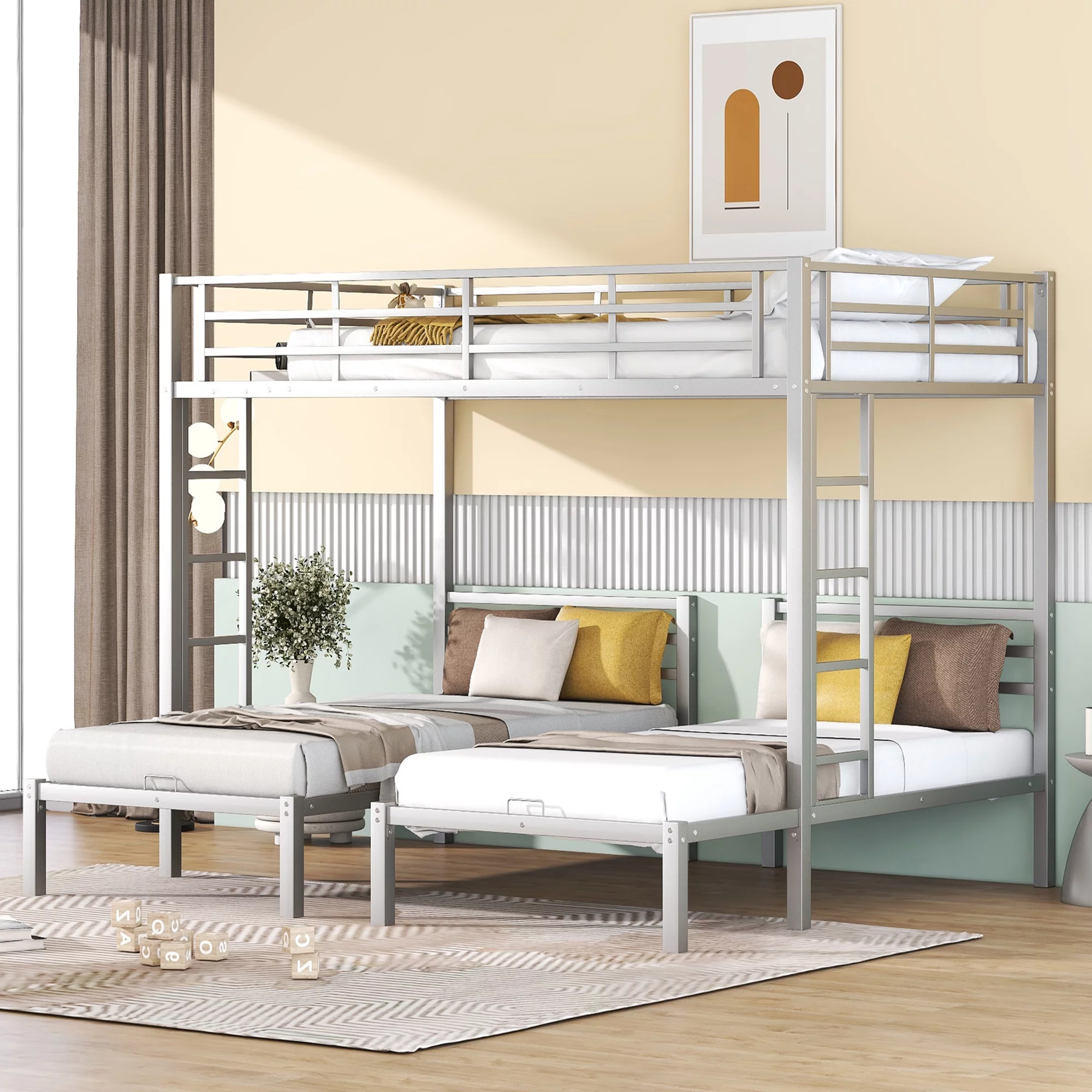 Bellemave Metal Triple Bunk Bed with Ladder, Full over Twin & Twin Bunk Bed for 3 Kids, Teens, Boys & Girl in Bedroom (Silver)