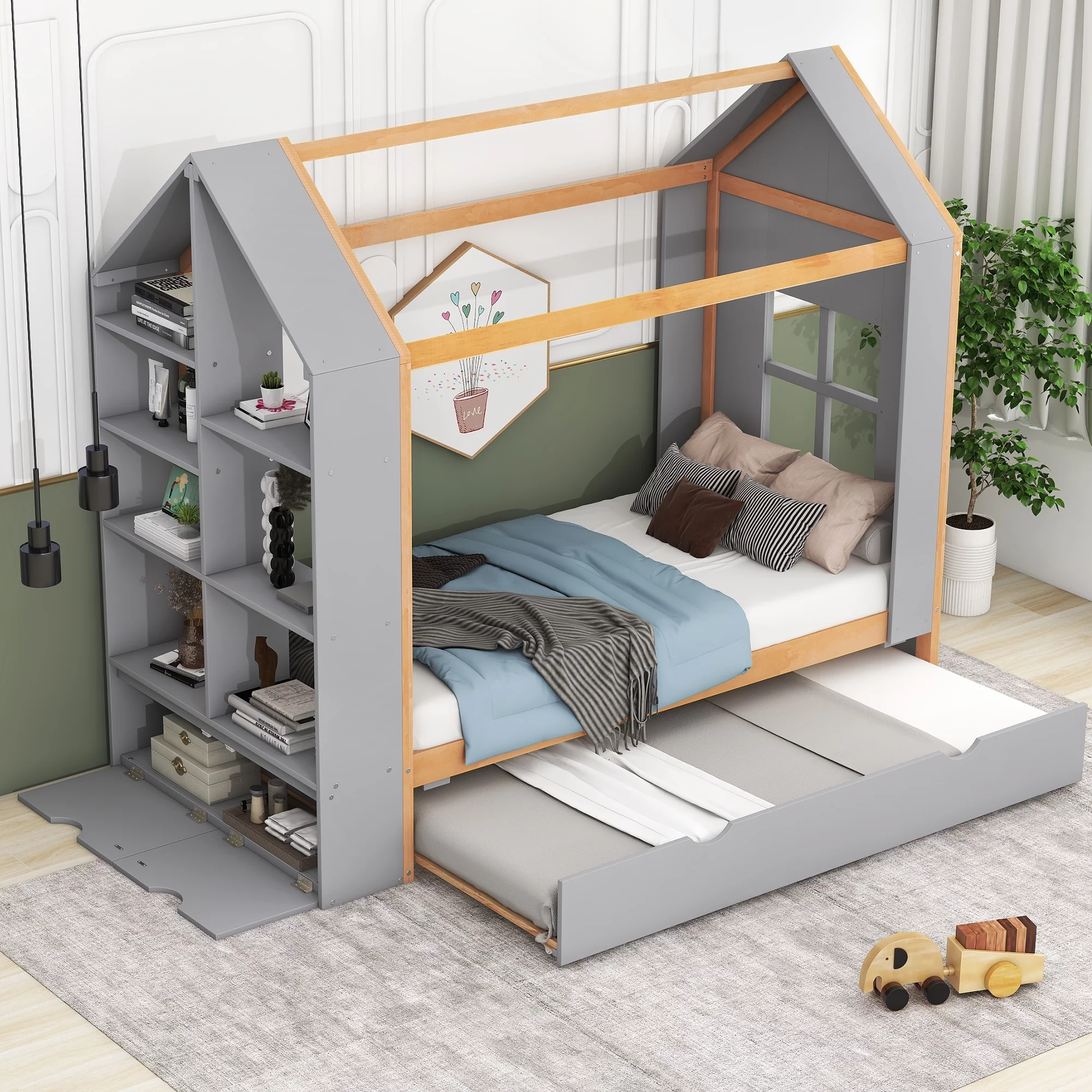 Churanty Twin Size House Platform Bed with Storage Shelves and Trundle, Wood Platform Bed Frame with Roof and Window for Kids Boys Girls,Grey