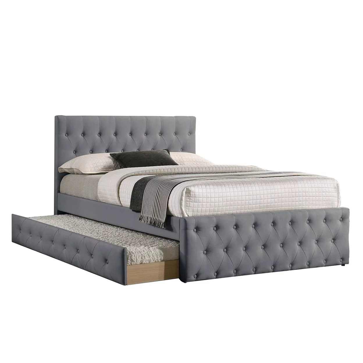 Nek Wood Twin Size Upholstered Bed with Trundle Tufted Gray Burlap- Saltoro Sherpi