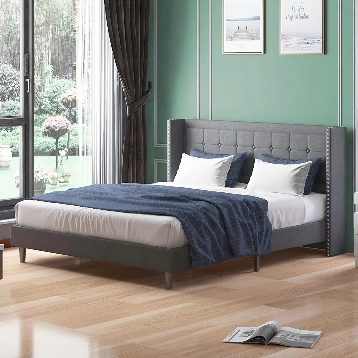 Mixoy Thin Velvet Bed Frame with Button Tufted Design Headboard Dark Grey - King