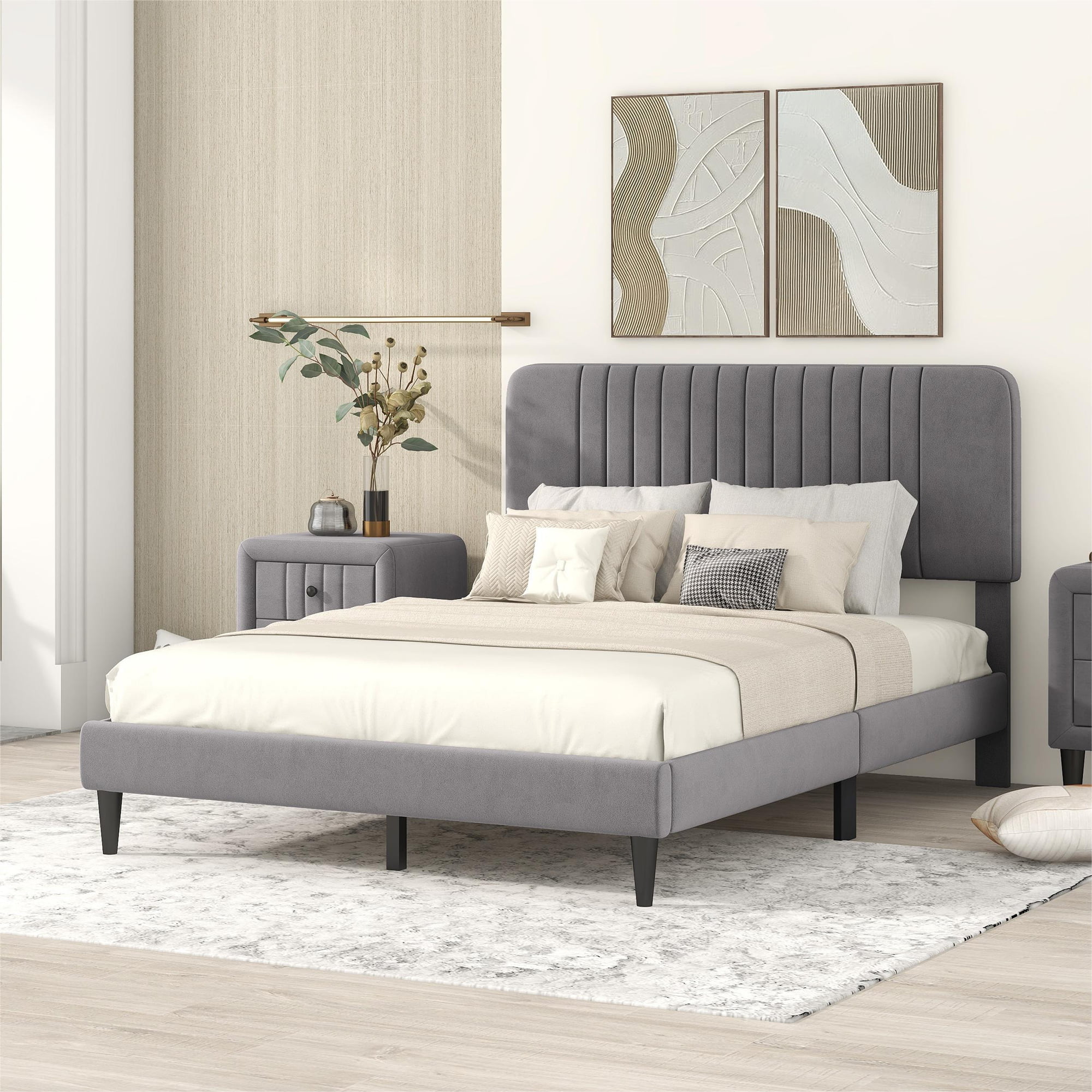 Full Size Upholstered Platform Bed,No Box Spring Needed, Velvet Fabric,Gray