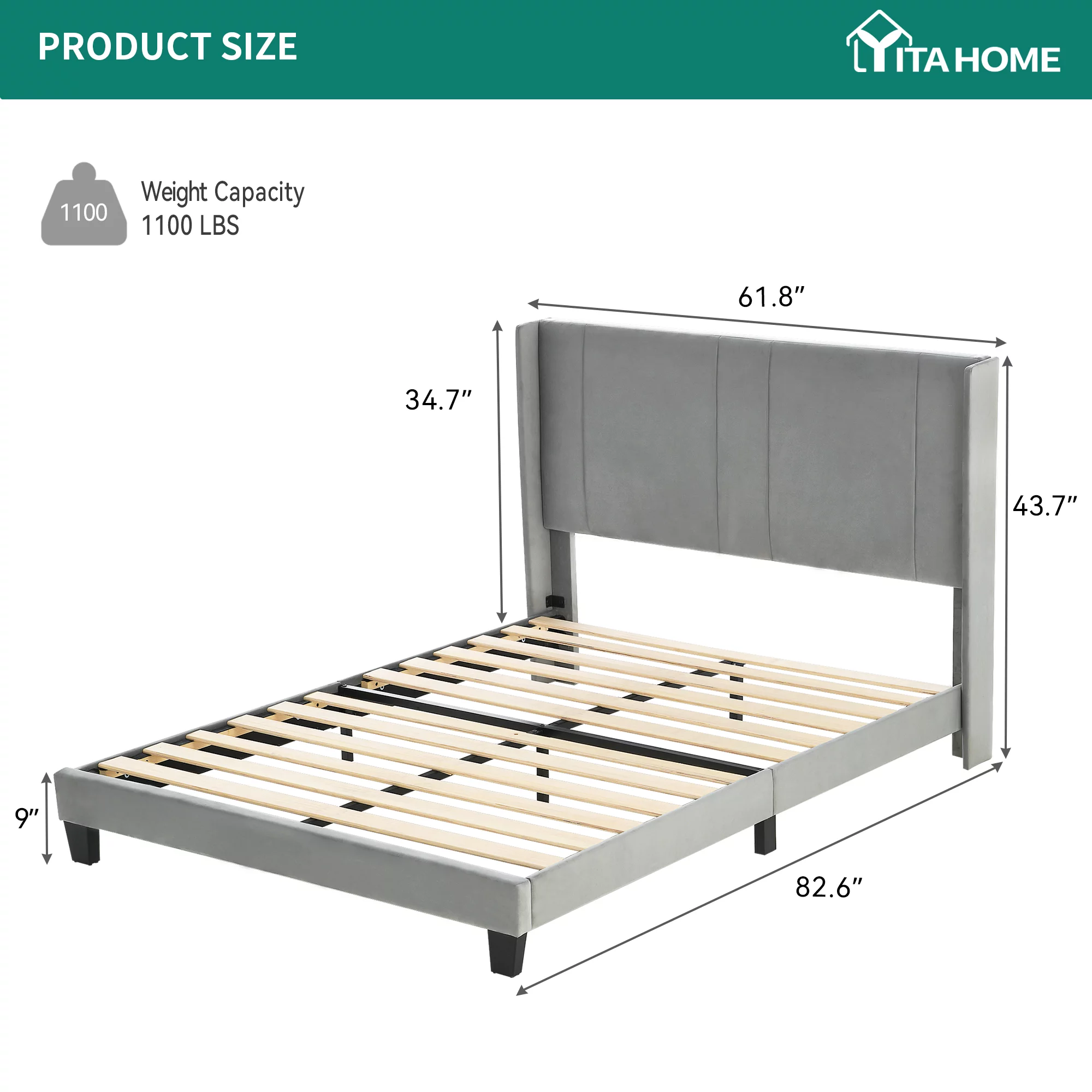 Dextrus Upholstered Wingback Platform Bed with Gray Velvet Headboard,  No Box Spring Needed, Queen
