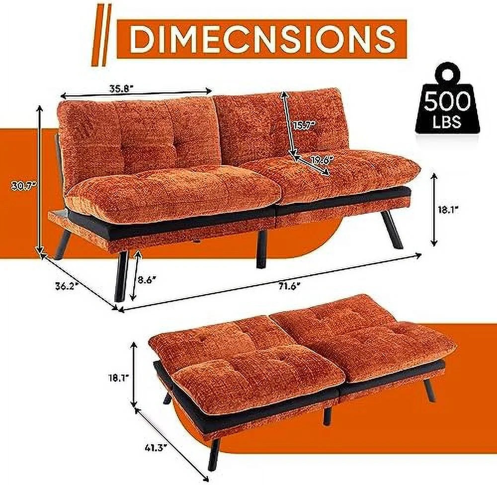 RUNFAYBIU Futon Sofa Bed  Convertible Sleeper Couch Memory Foam Small Splitback Loveseat for Living Room  Modern Upholstered Love Seat with Adjustable Backrest and 6 Metal Legs  Thicker C