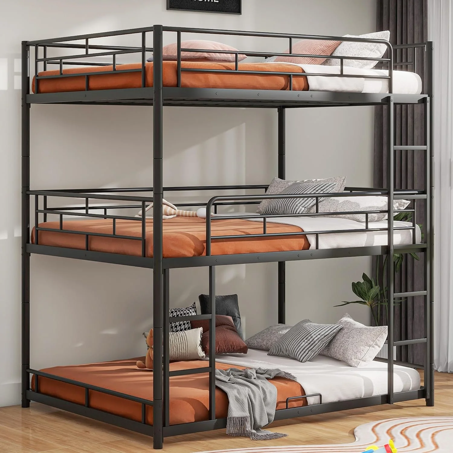 Full Size Triple Buk Bed Metal Full Over Full Over Full Buk Bed For 3, Moder Heavy-Duty Steel Frame, Able To Split, Storage Space, oise (Black)