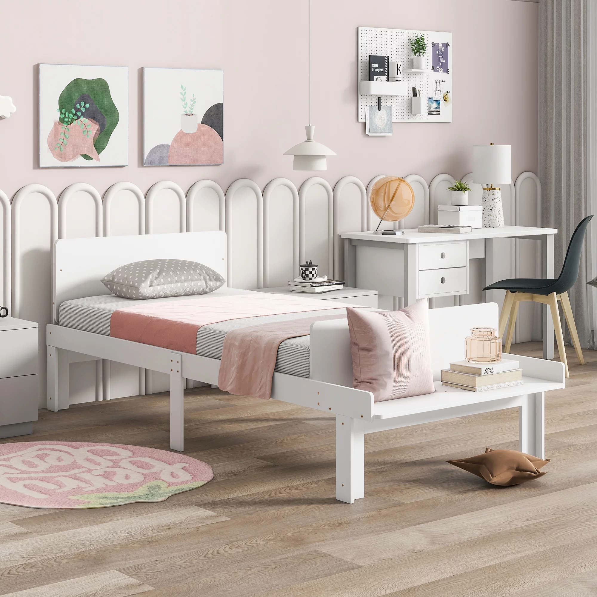 Gewnee Wood Twin Size Platform Bed with Headboard and Footboard Bench for Kids Room,White