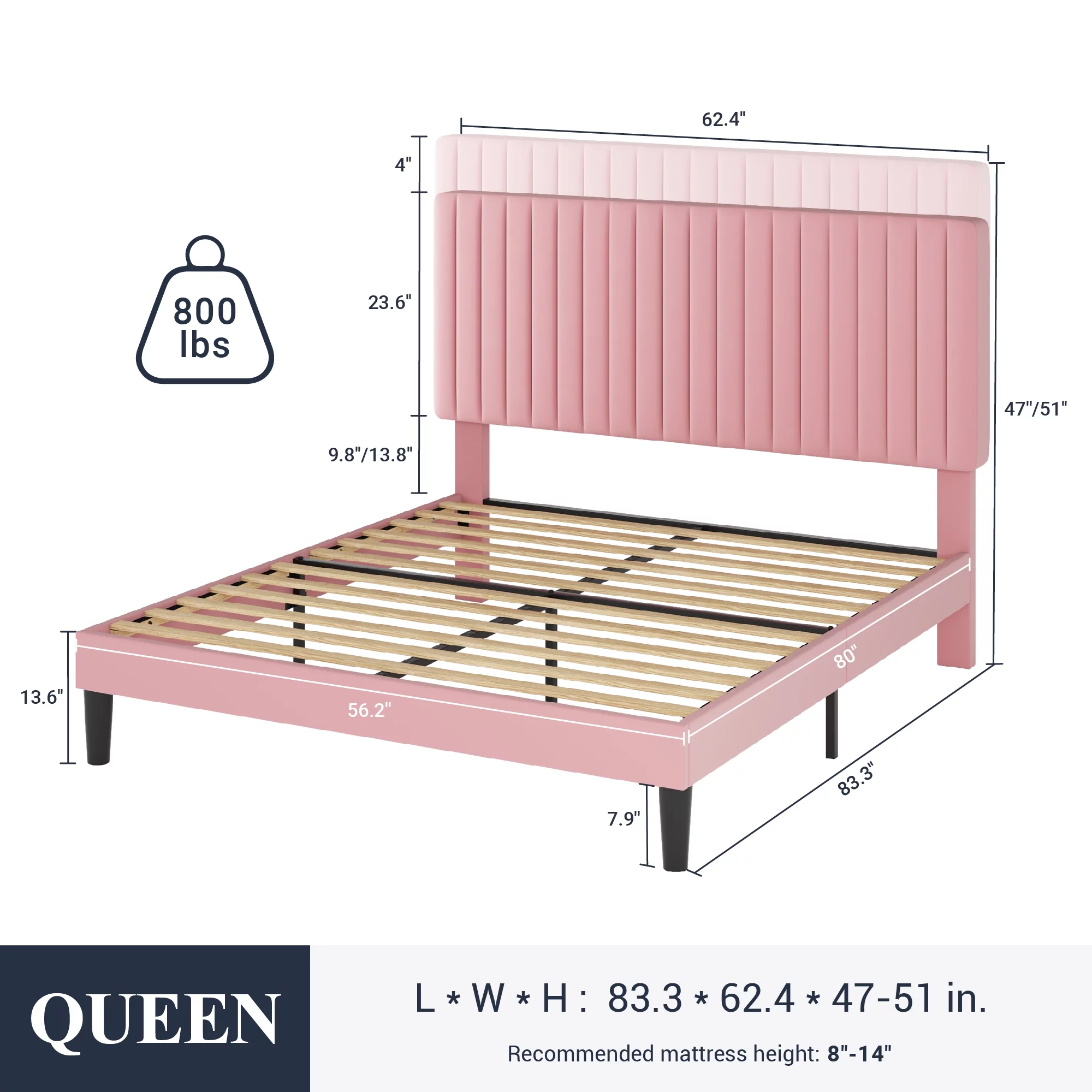 SHA CERLIN Pink Queen Size Upholstered Platform Bed Frame with Adjustable Velvet Channel Headboard