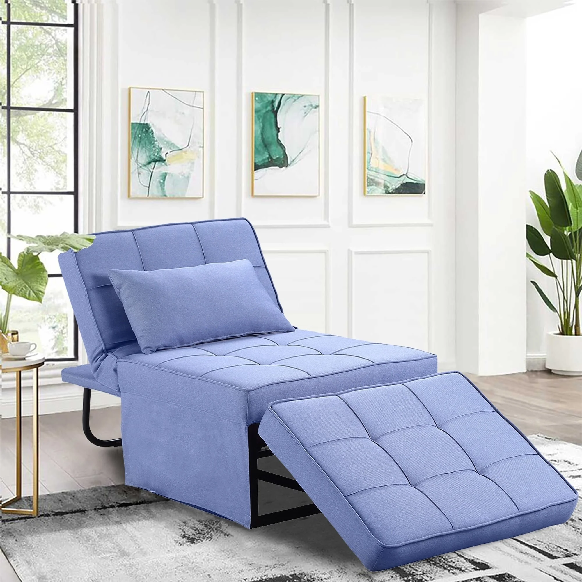Ainfox Adjustable Sofa Chair Sleeper Sofa Bed Ottoman Couch with Metal Frame High Back Chair Bed Blue Small Size Antique Foam, Fabric Ottoman