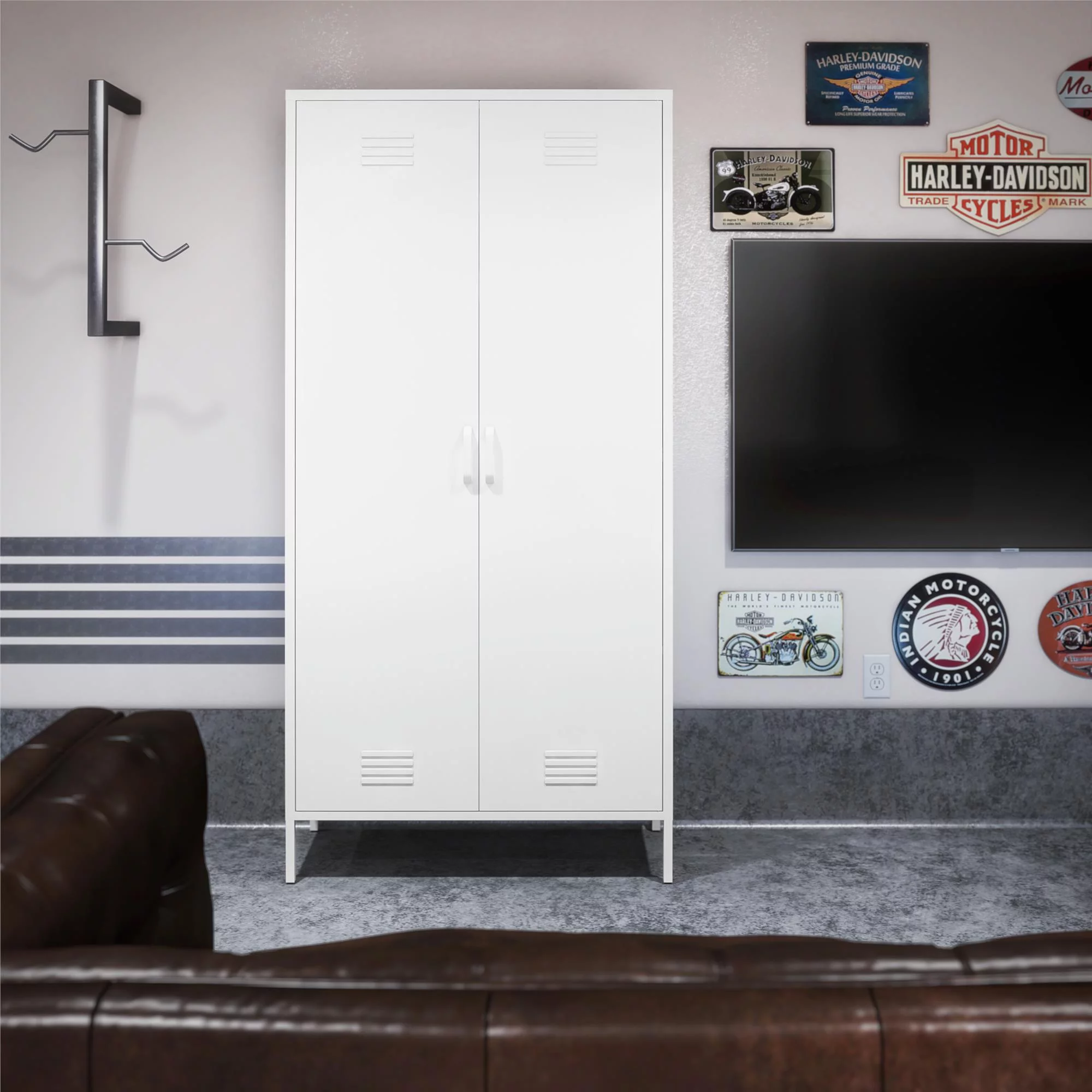 RealRooms Shadwick 2 Door Tall Metal Locker Style Storage Cabinet, White