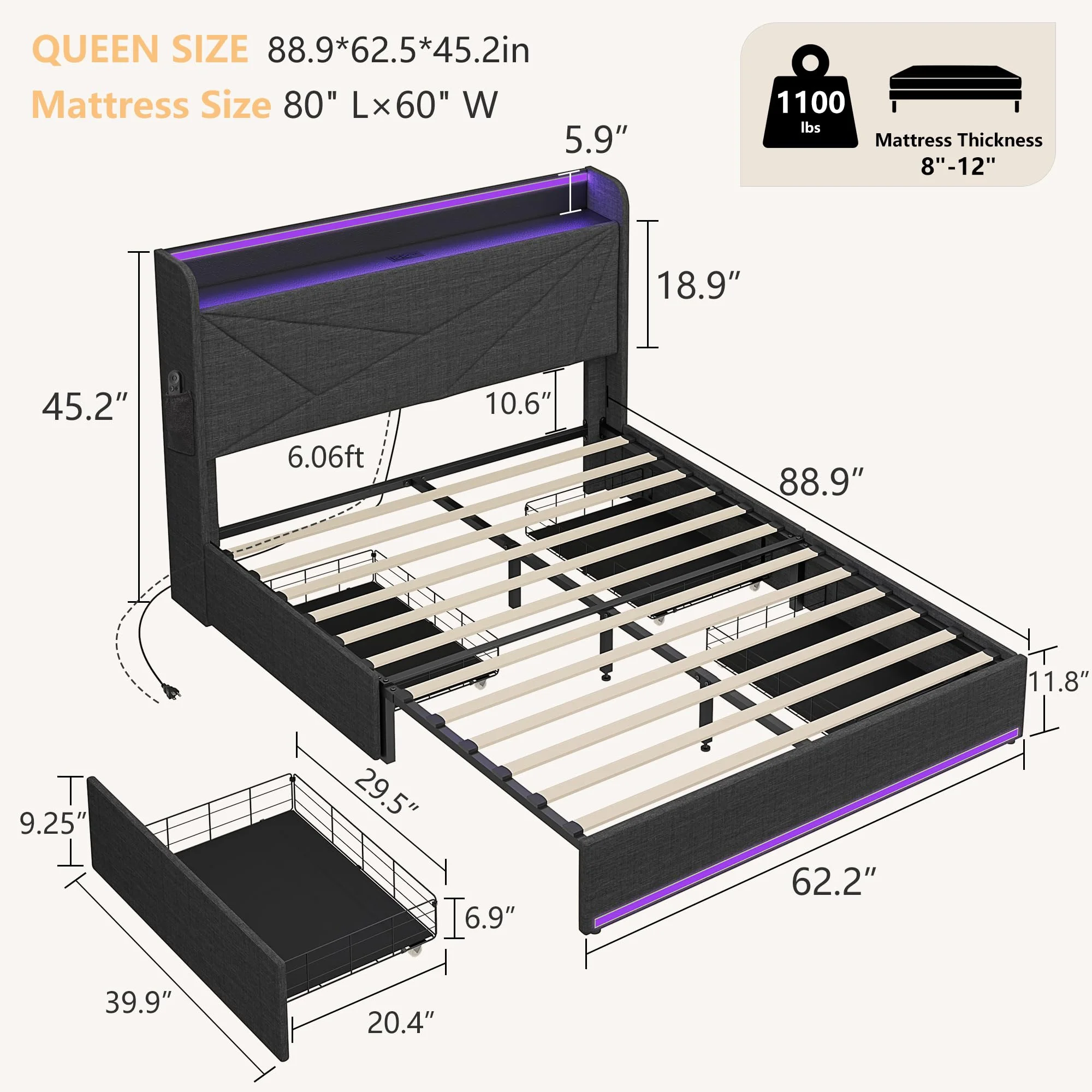 Queen Bed Frame with Storage Drawers and Charging Station, Upholstered Platform Bed Frame with LED Light and Type-C & USB Ports, Metal Support No Box Spring Needed Noise-Free, Grey