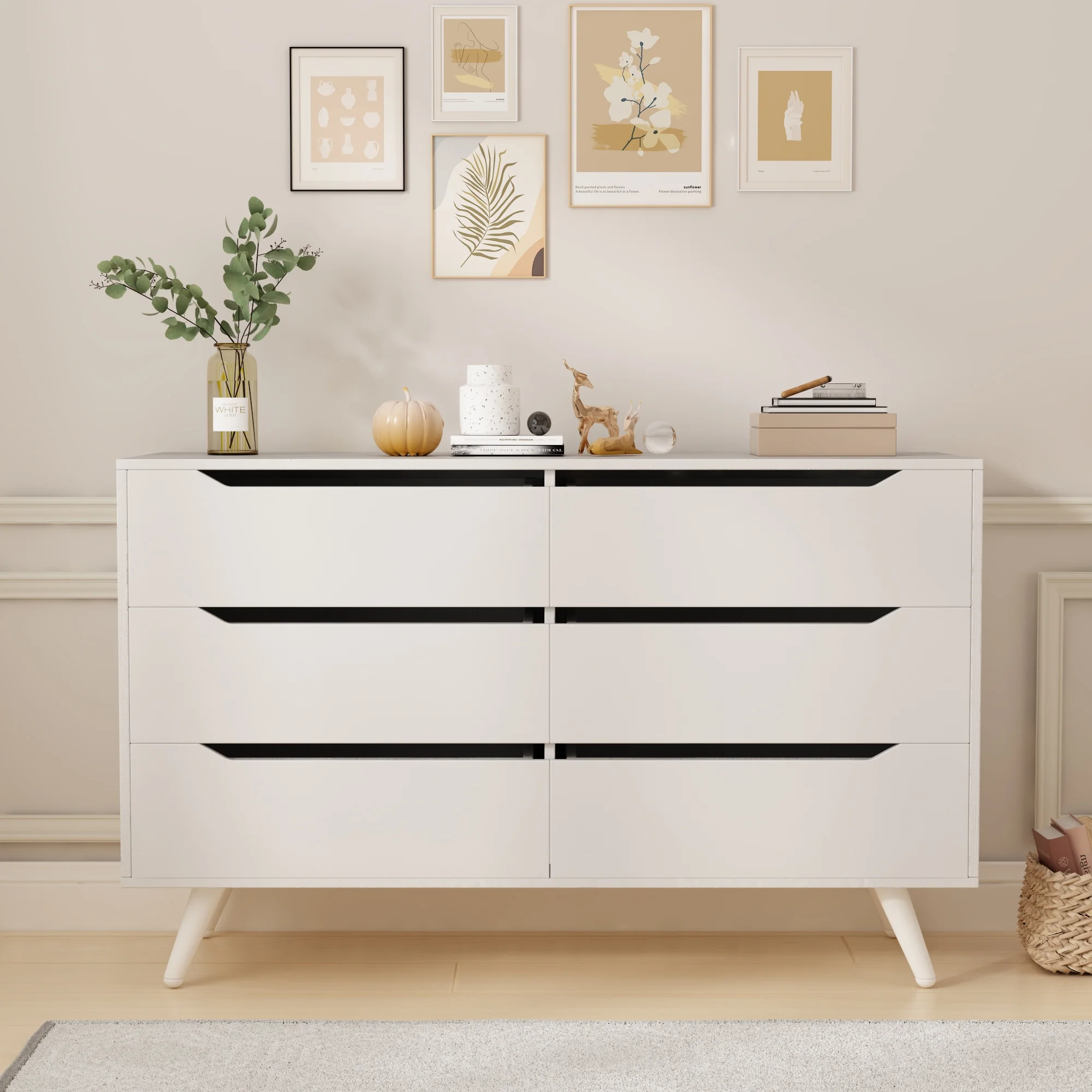Prime Garden Wood 6 Drawer Dresser Modern Mid Century Chest for Bedroom,White