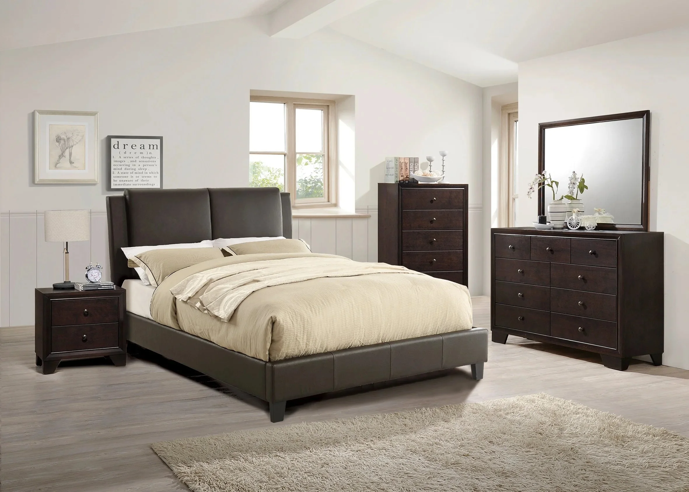 California King Size Bed 1pc Bed Set Brown Faux Leather Upholstered Two-Panel Bed Frame Headboard Bedroom Furniture