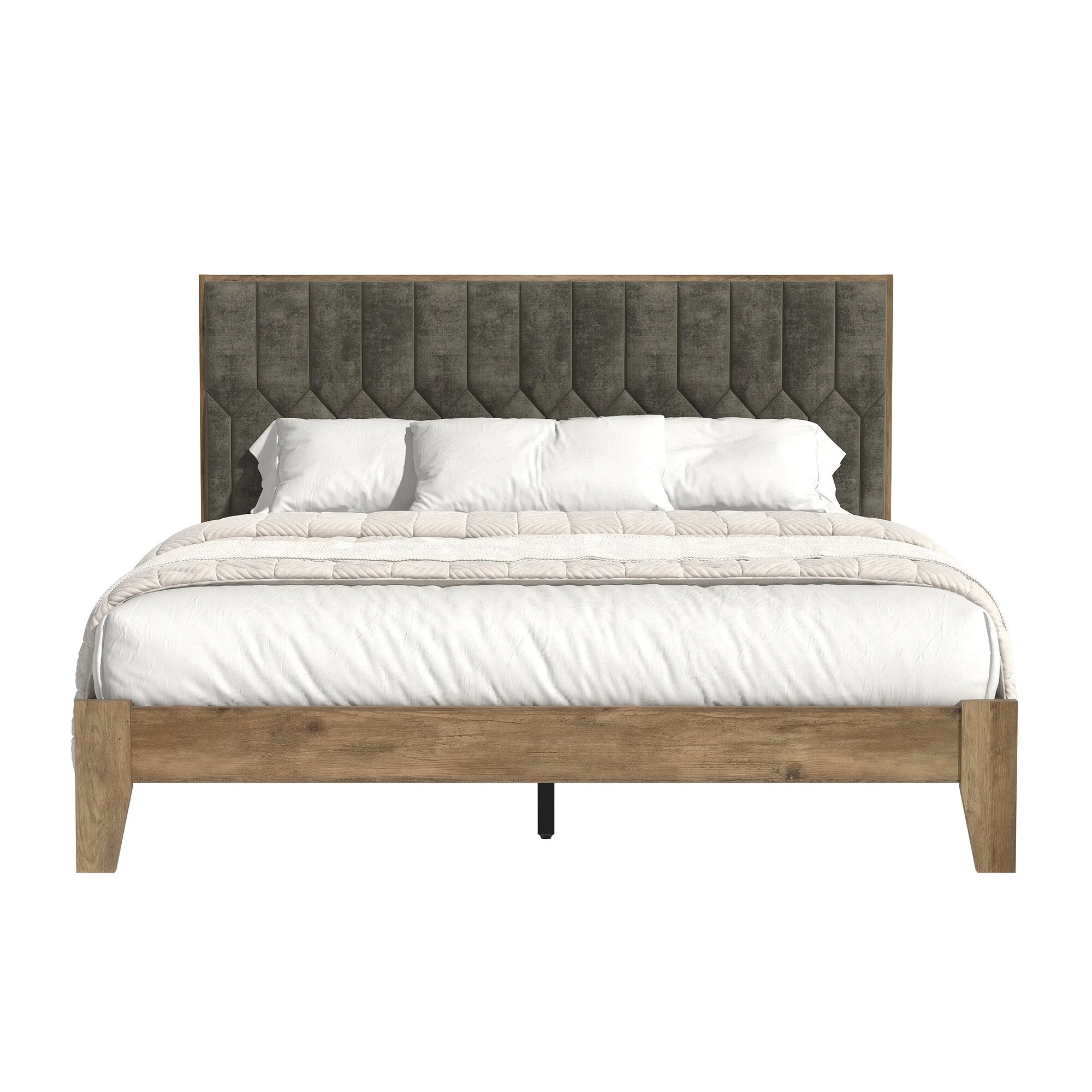 GALANO  Pancus Knotty Oak with Velvet Brown Upholstered Queen Platform Bed with Headboard