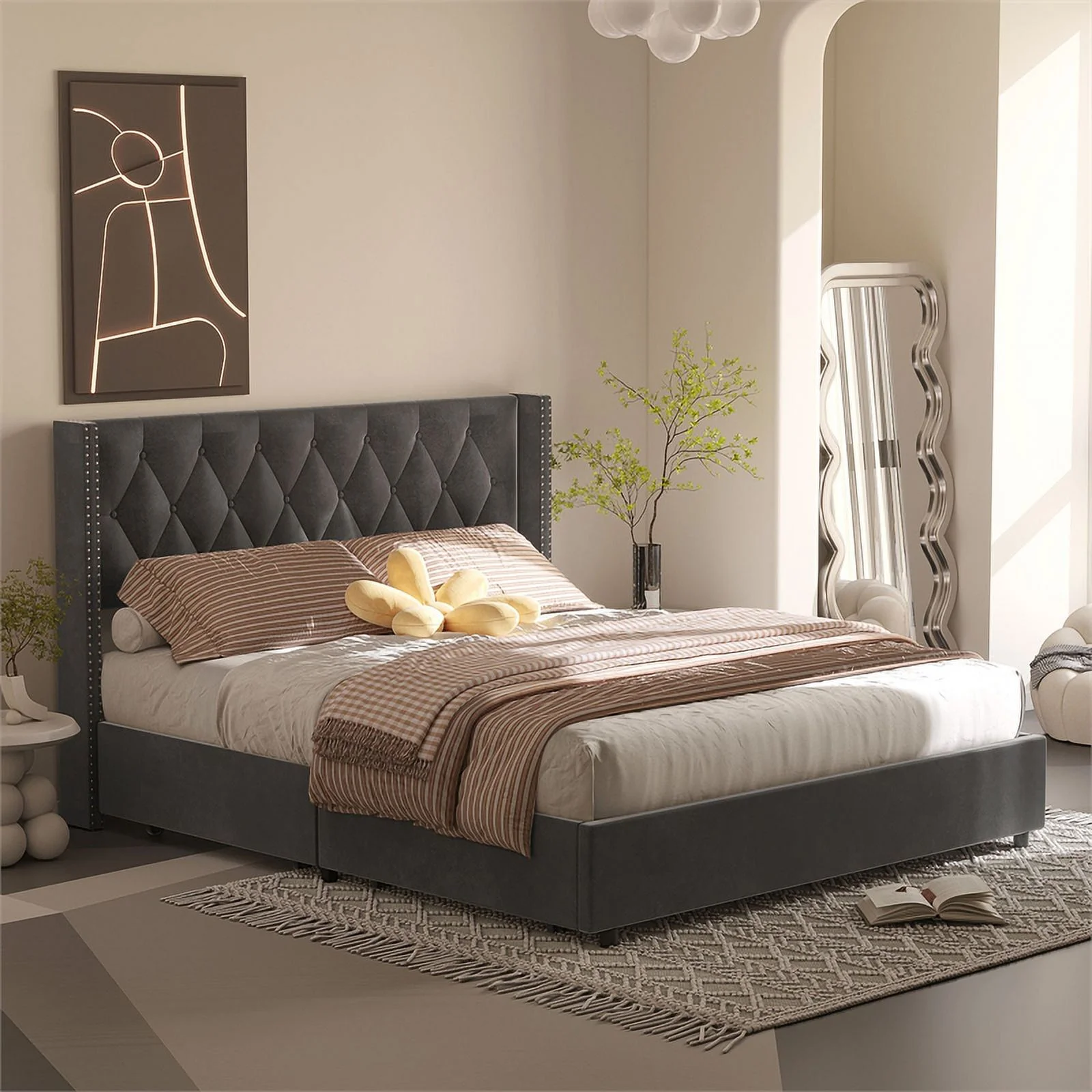 Better Home Products Amelia 4-Drawer Velvet Full Size Platform Bed in Gray