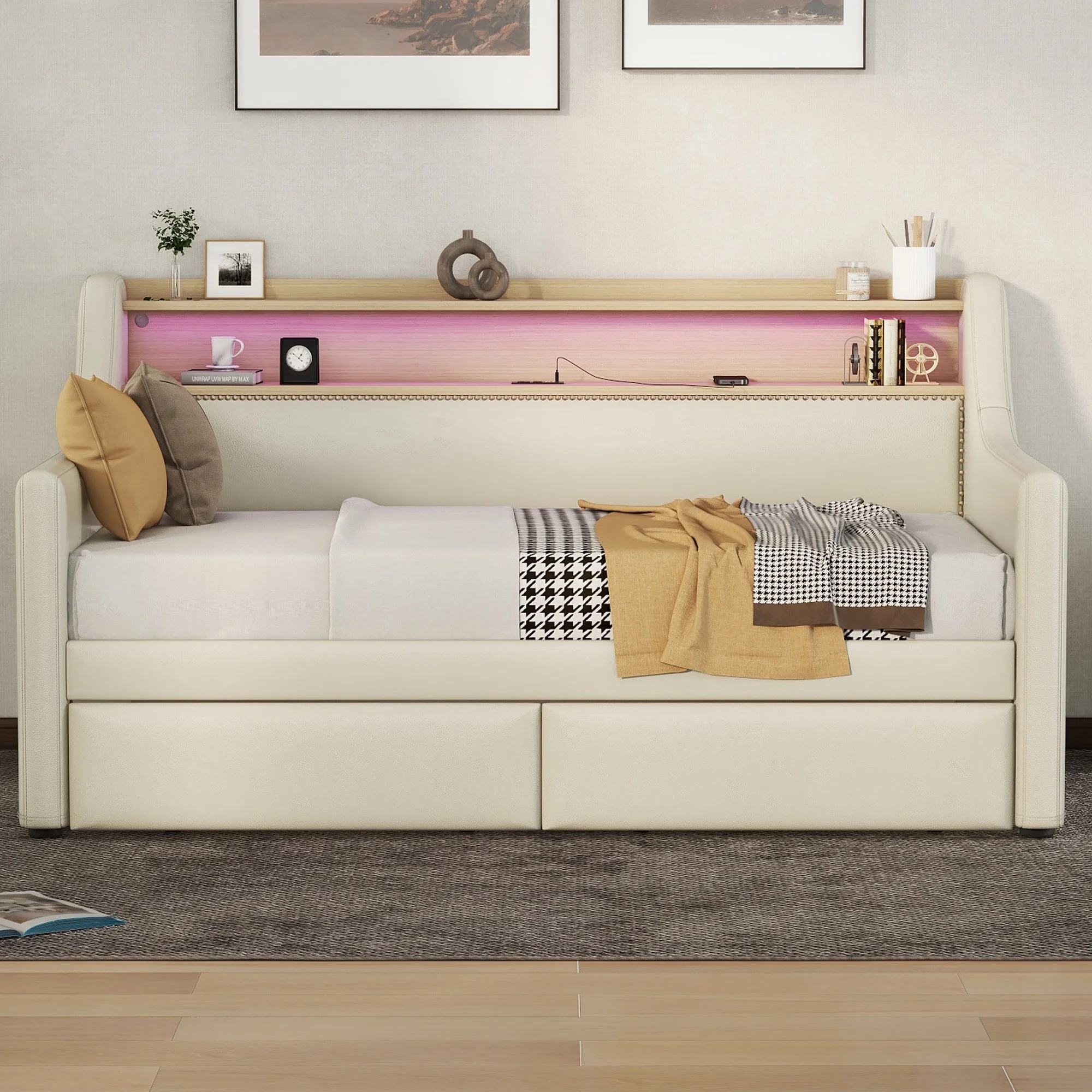 ONME Twin Size Daybed with Storage Drawers, Upholstered Daybed with Charging Station and LED Lights, Beige