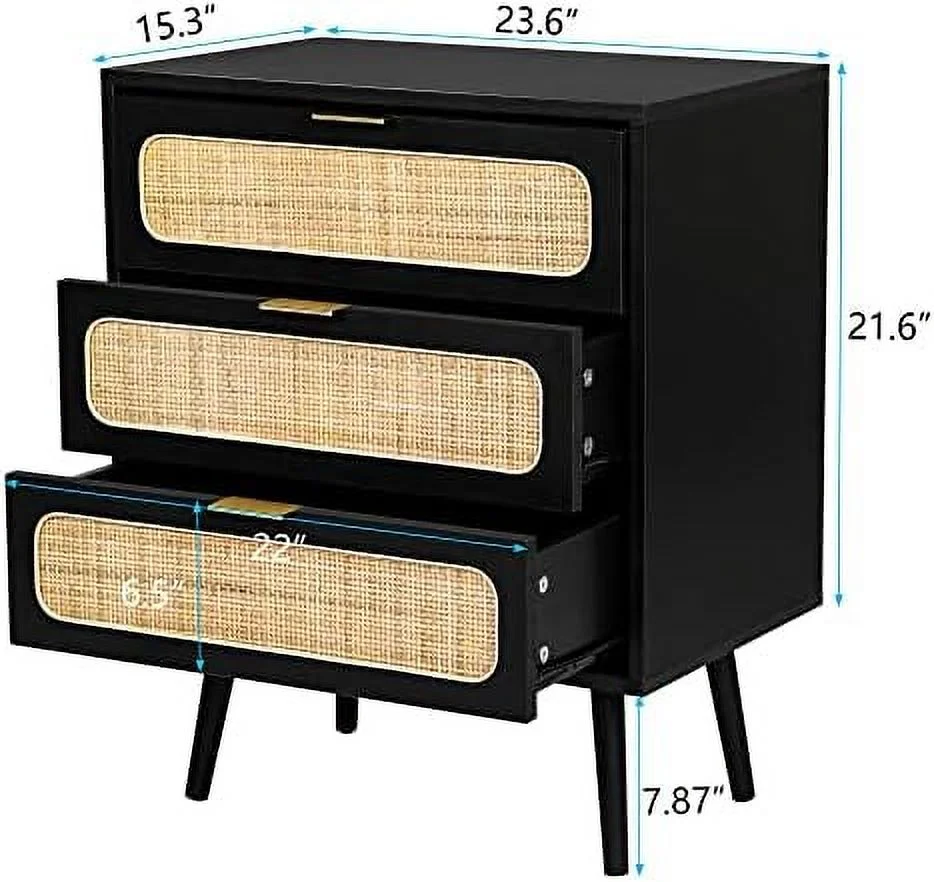 TJUNBOLIFE 2 Sets of Rattan Nightstand Dresser Chest of 3 Drawers Wood Dresser Cabinet Organizer Unit for Bedroom Living Room Closet Office(Black)
