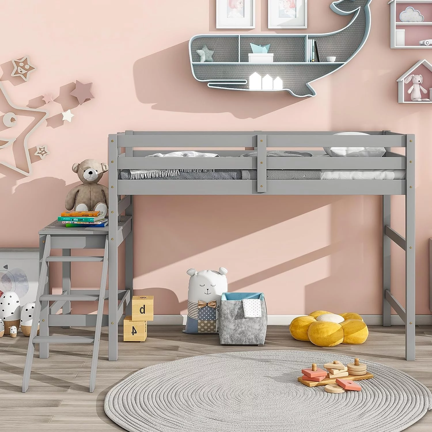 Size Loft Bed With Platform, Wood Loftbed Frame With Ladder And High Guardrail, Low Loft Bed Frame For Kids Teens Bedroom Dorm, Gray
