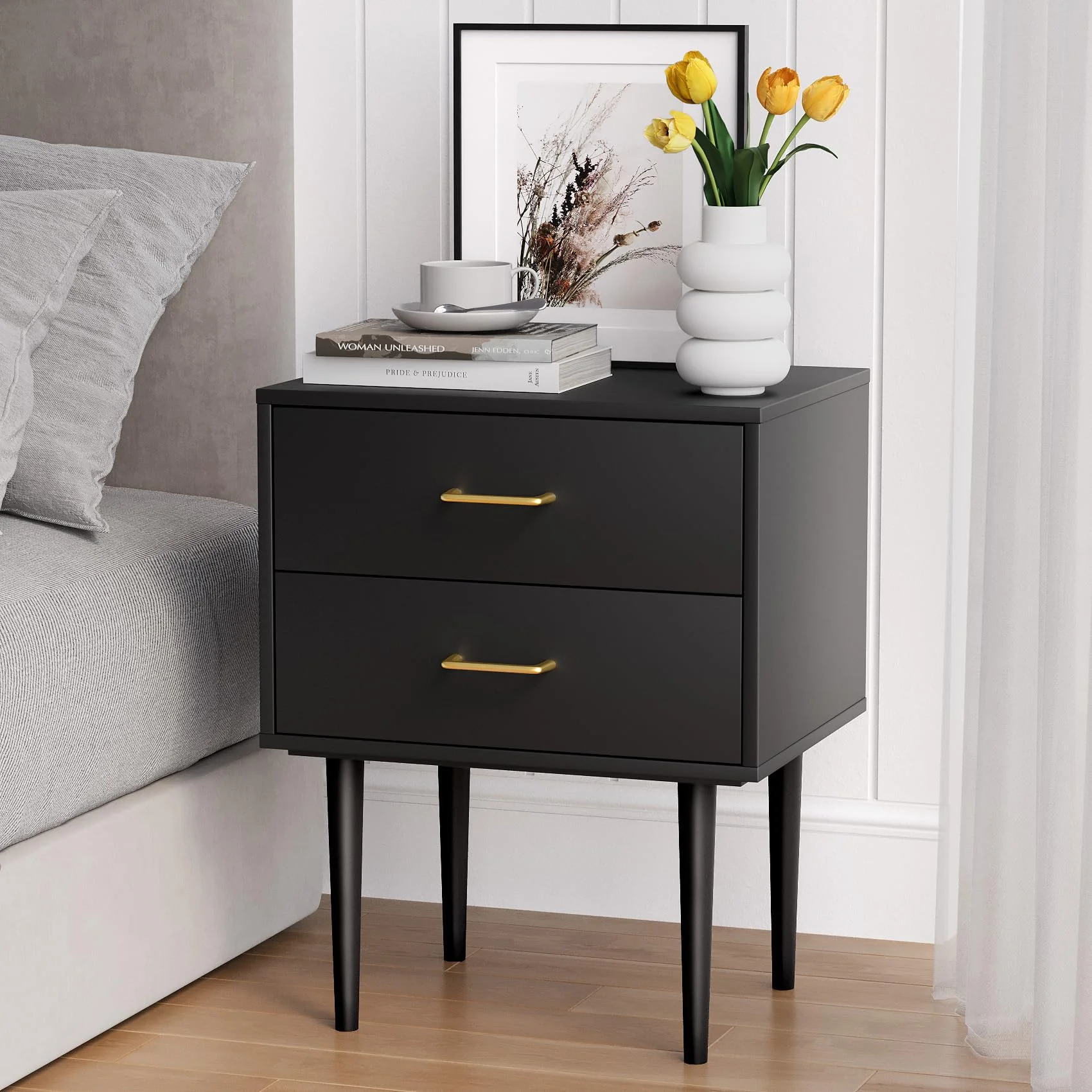 Semiocthome Modern 2 Drawers Nightstand,Bedside Table for Bedroom in Black Finish,Adult