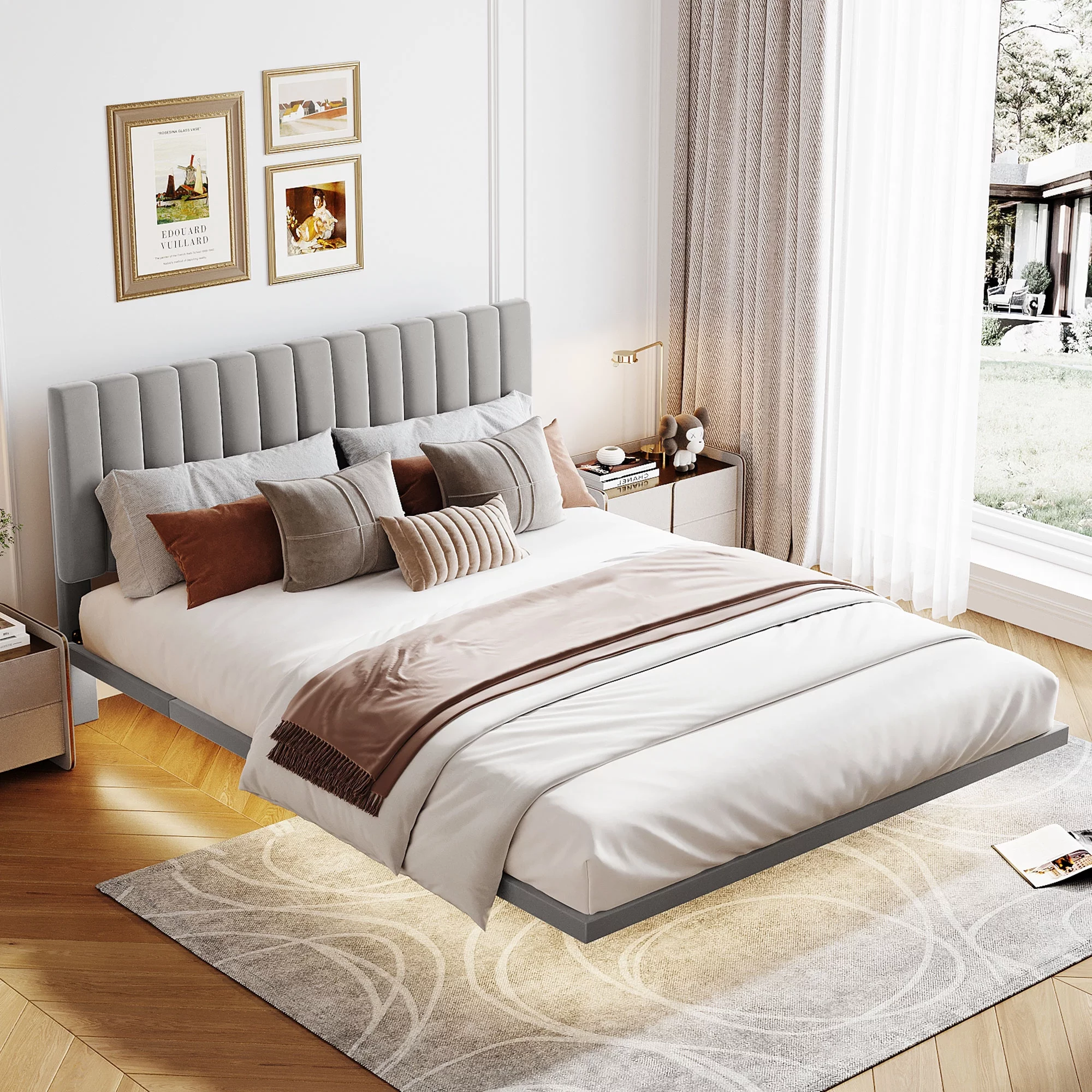 CoSoTower Queen Size Upholstered Bed with Sensor Light and Headboard, Floating Velvet Platform Bed, Gray