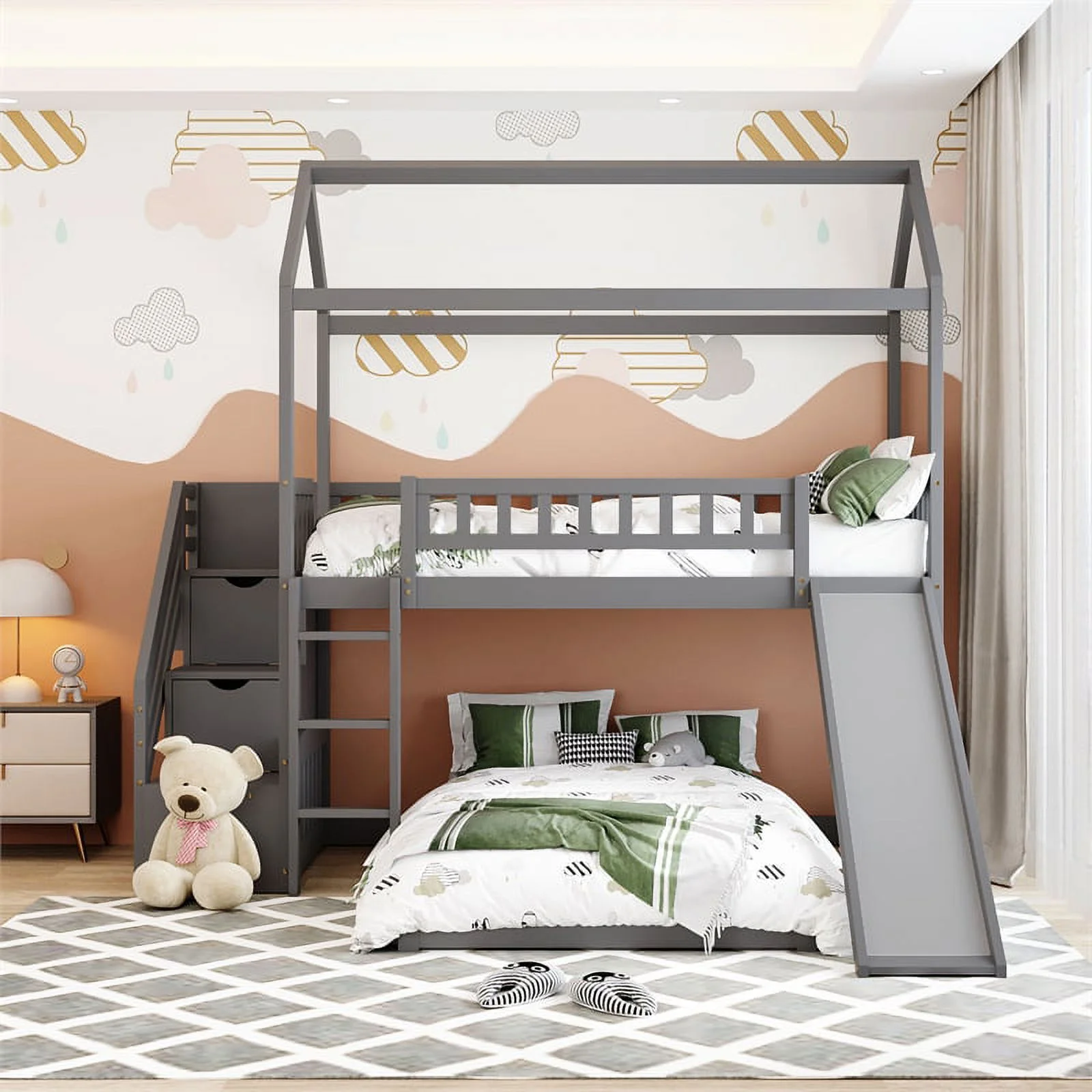 CRO Decor Twin Over Twin Bunk Bed with Two Drawers and Slide (White)