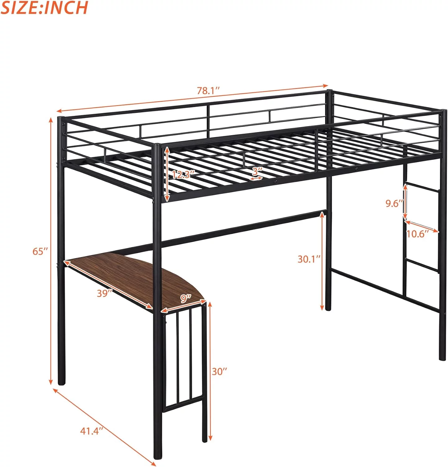 Metal Buk Bed With Desk, Ladder Ad Guardrails, Loft Bed For Bedroom, Black