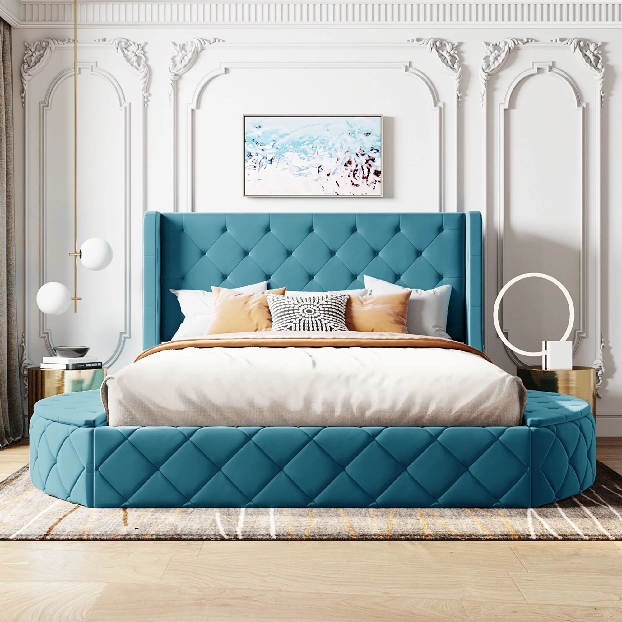 CoSoTower Upholstered Platform Bed Queen Size Storage Velvet Bed with Wingback Headboard and 1 Big Drawer,2 Side Storage Stool(Blue)