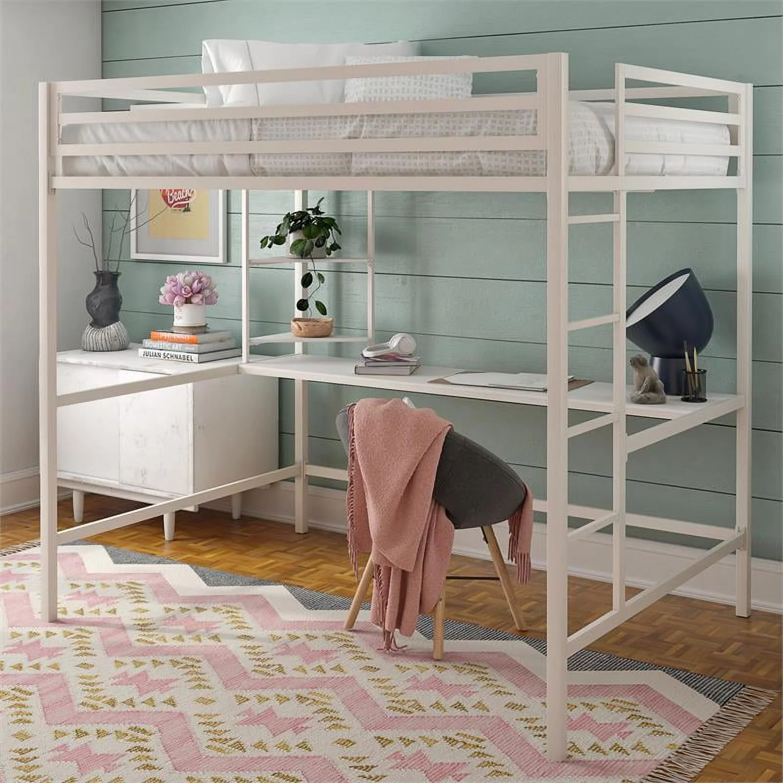 Pemberly Row 2-Shelf Modern Metal Full Loft Bed with Desk in White